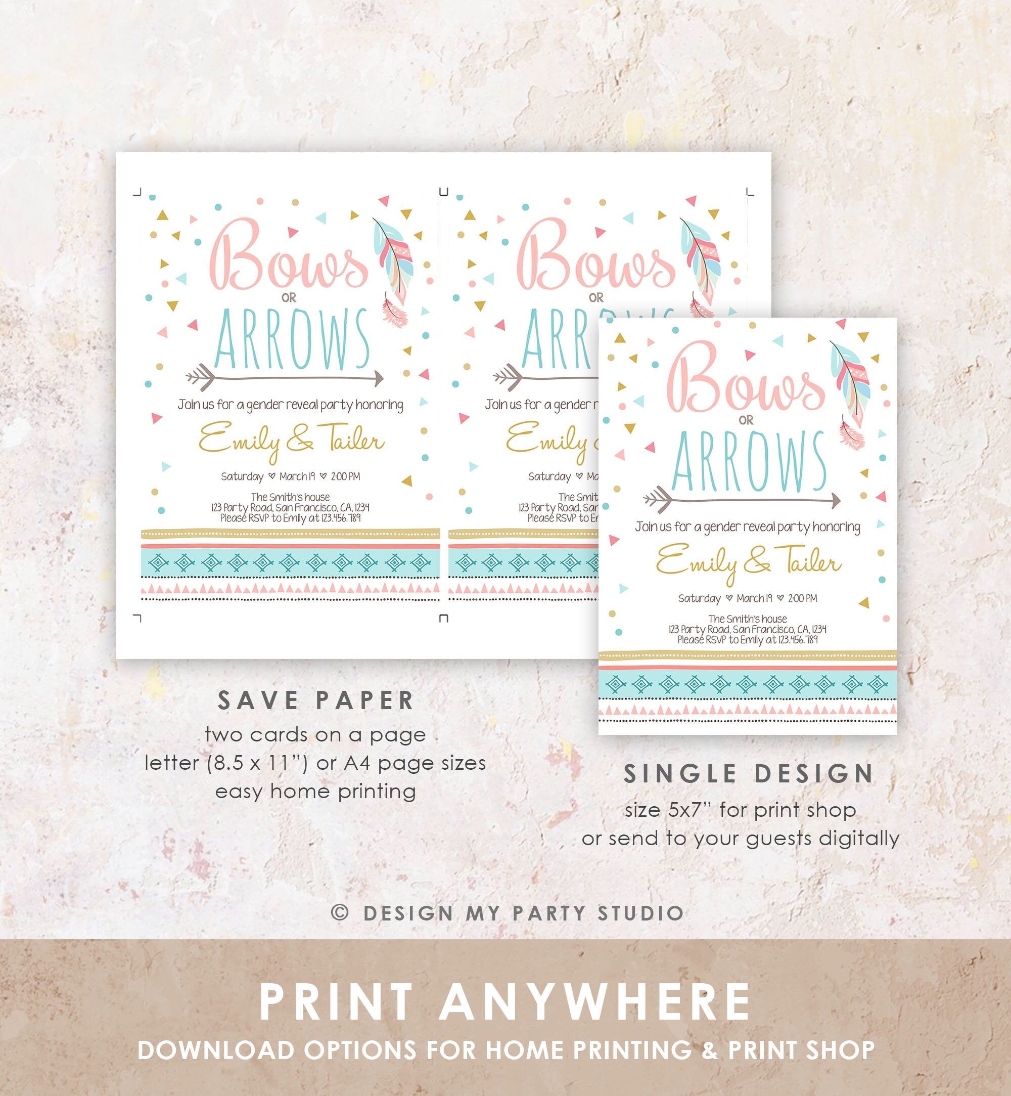 Editable Bows or Arrows Gender Reveal Invitation Tribal Boy or Girl He or She Blue Pink Digital Download Corjl Template Printable 0284