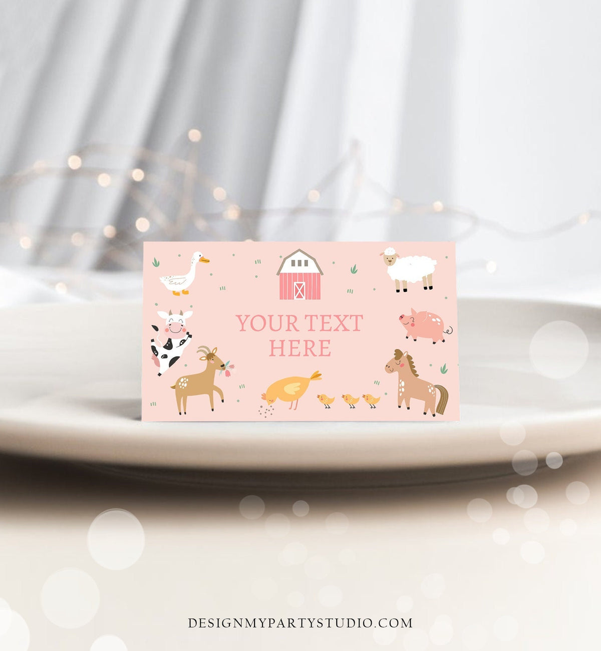 Editable Farm Animals Food Labels Barnyard Birthday Food Cards Tent Card Girl Pink Farm Cow Buffet Label Tent Card Template Corjl 0436