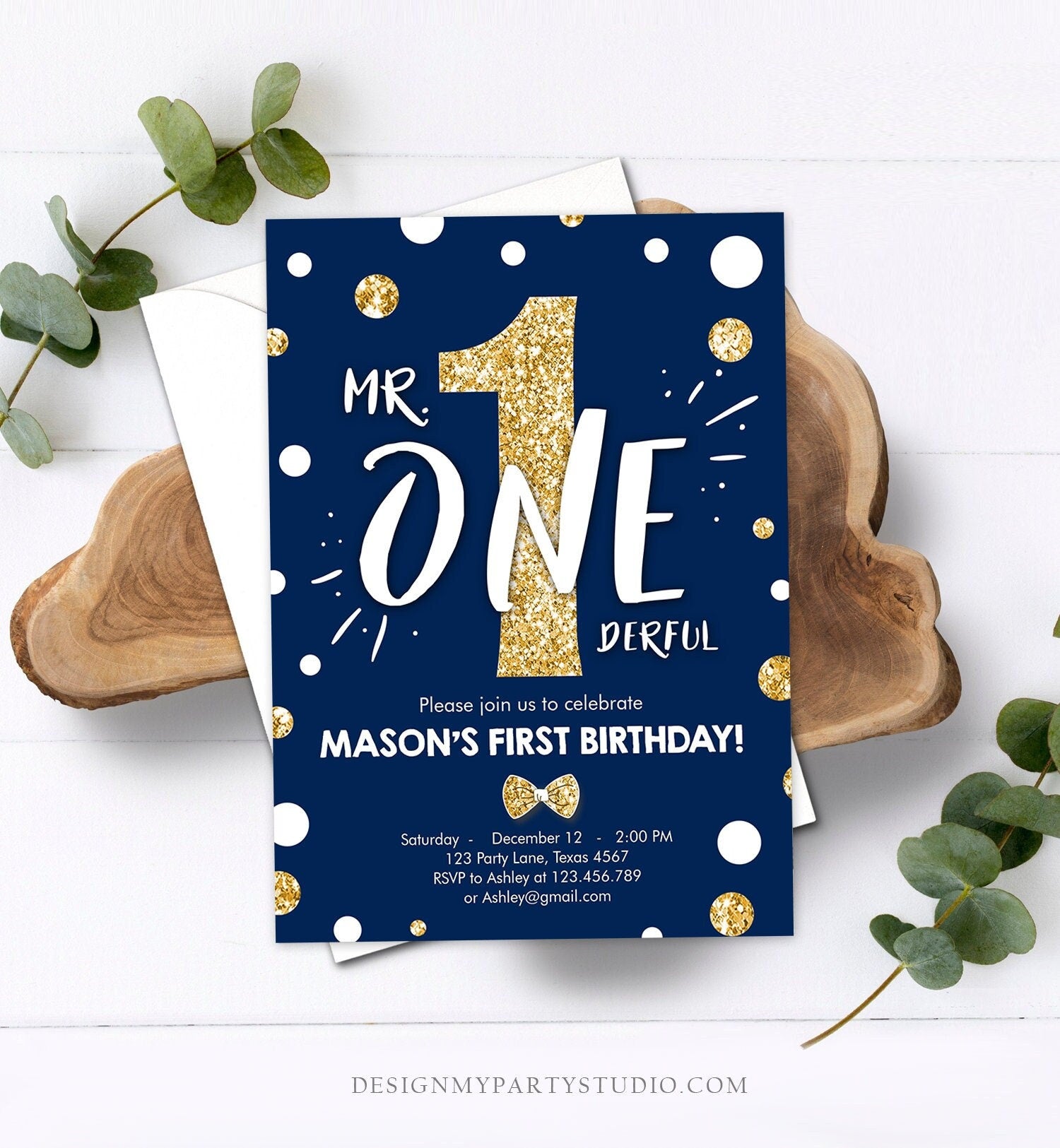 Editable Mr Onederful Birthday Invitation Gold Bow Tie Navy Blue Boy First Birthday Confetti 1st Download  Corjl Template Printable 0072