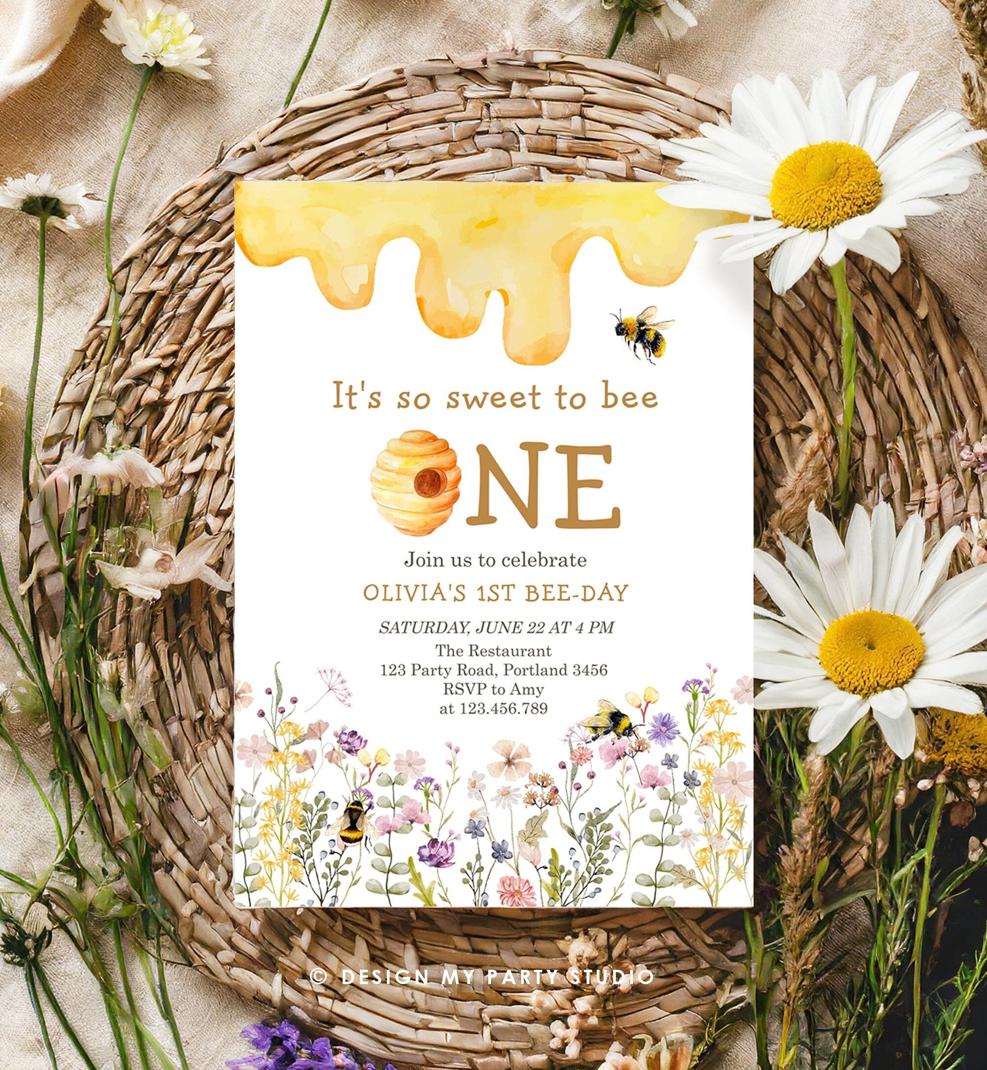 Editable Sweet to Bee One Invitation First Bee-Day Party 1st Bee Day Honey Girl First Birthday Bumble Bee Invitation Digital Corjl 0502