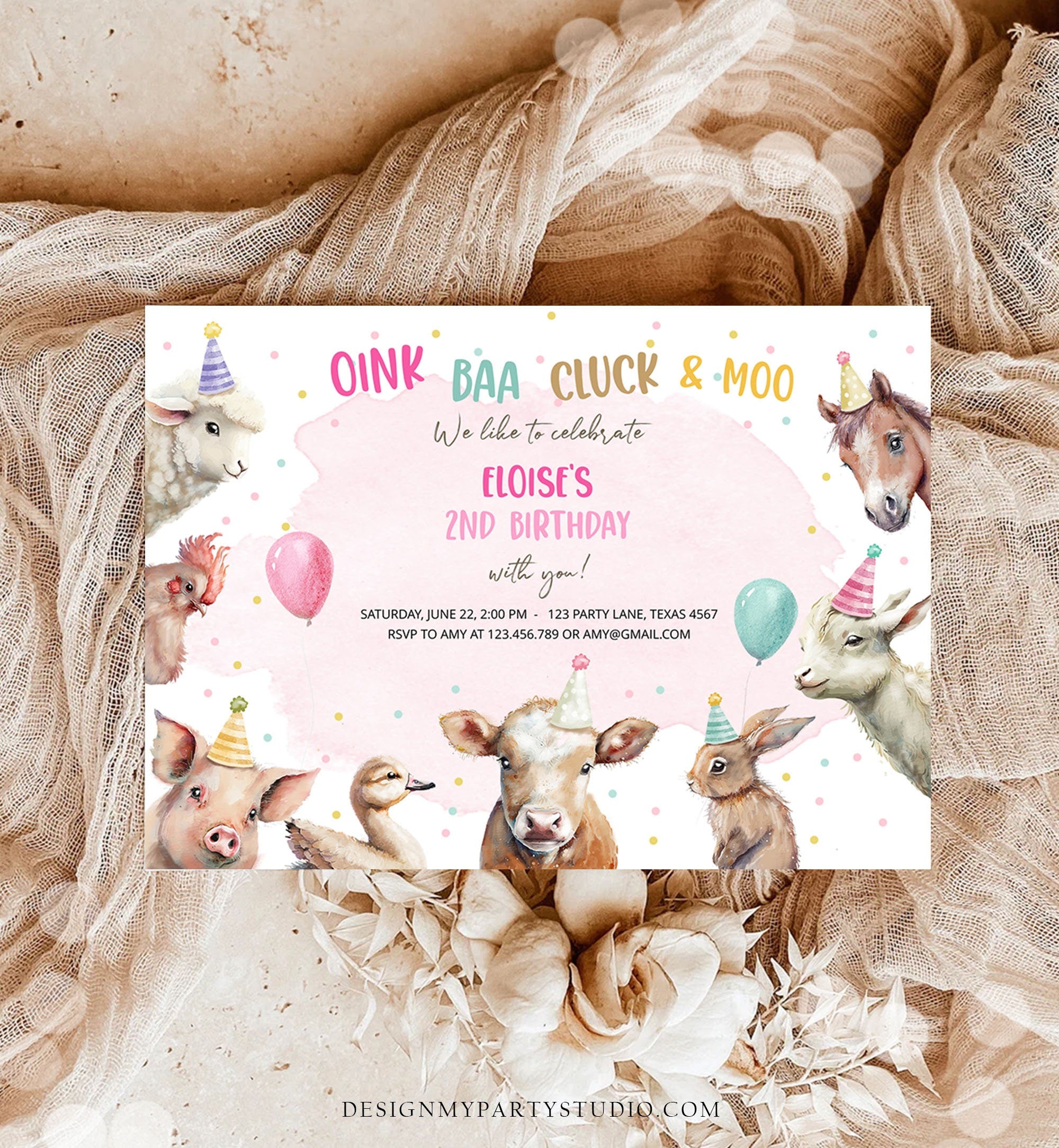 Editable Farm Birthday Invitation Girl Farm Animals Pink Barnyard Party Confetti Download Printable Invitation Template Digital Corjl 0448