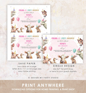 Editable Farm Animals Birthday Invitation Girl Farm Barnyard First Birthday Party Animals Confetti Download Corjl Template Printable 0448