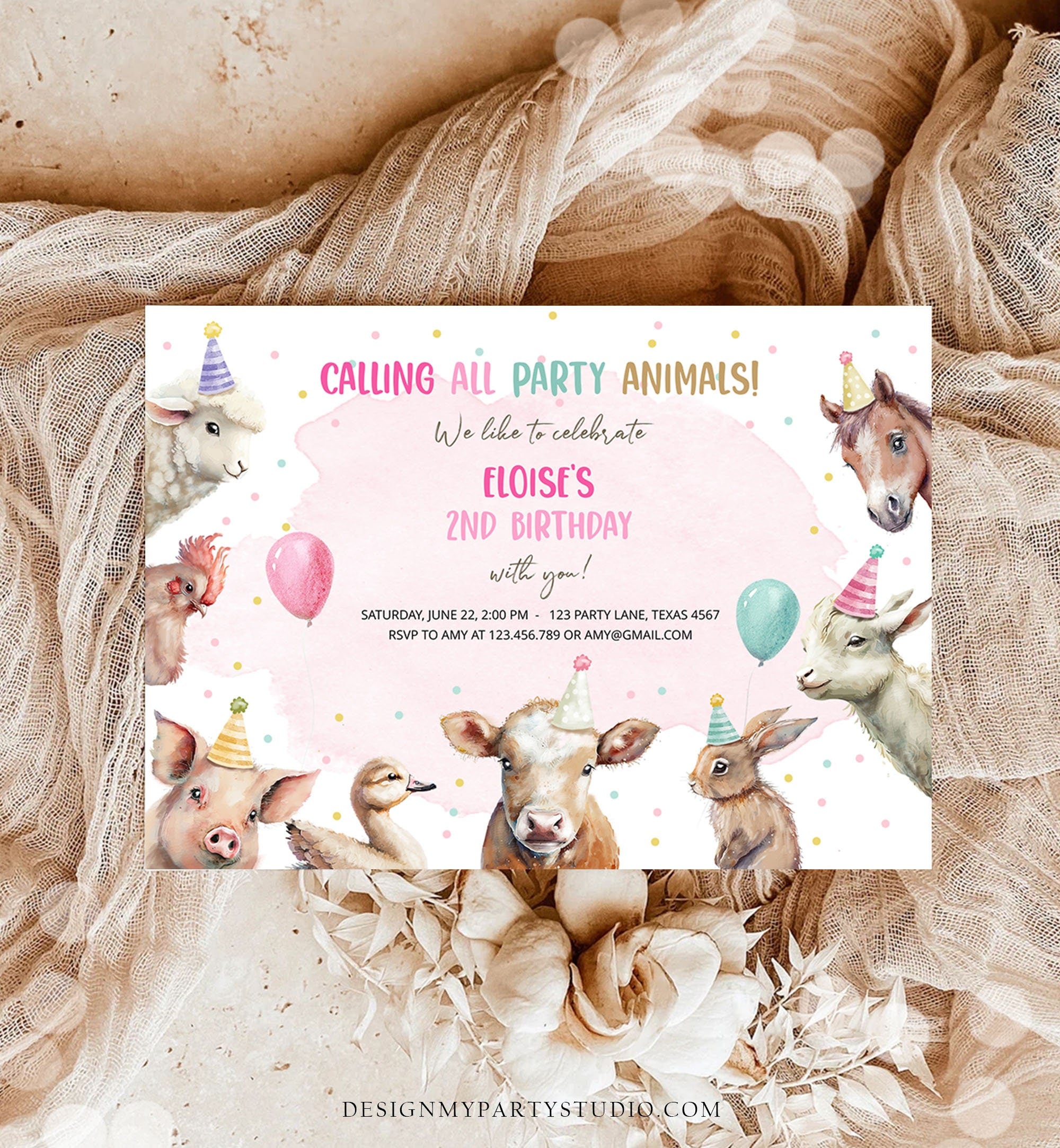 Editable Farm Animals Birthday Invitation Girl Farm Barnyard First Birthday Party Animals Confetti Download Corjl Template Printable 0448