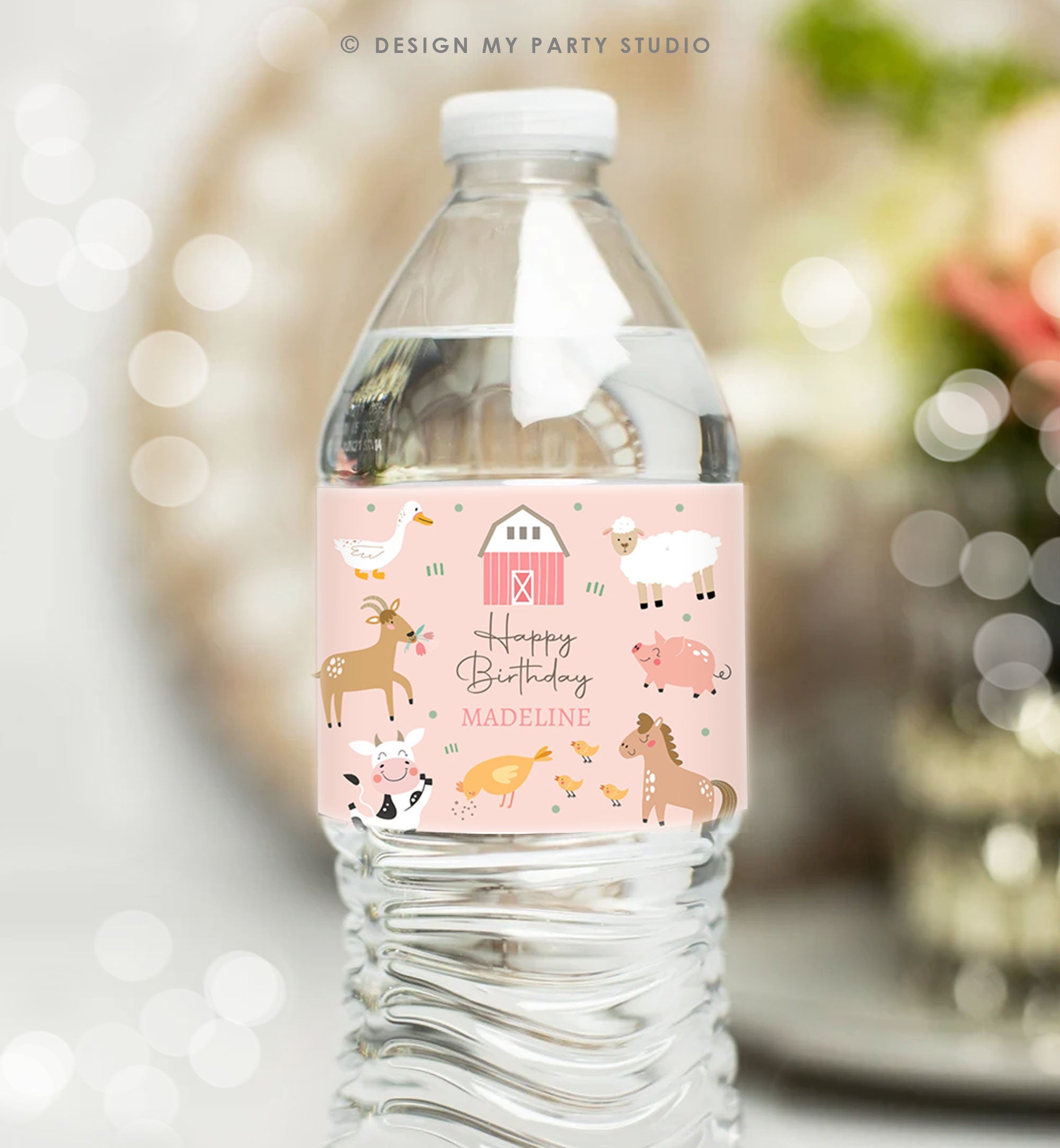 Editable Water Bottle Labels Farm Animals Girl Birthday Pink Barnyard Farm Birthday Decor Cow Bottle Labels Digital Template Printable 0436