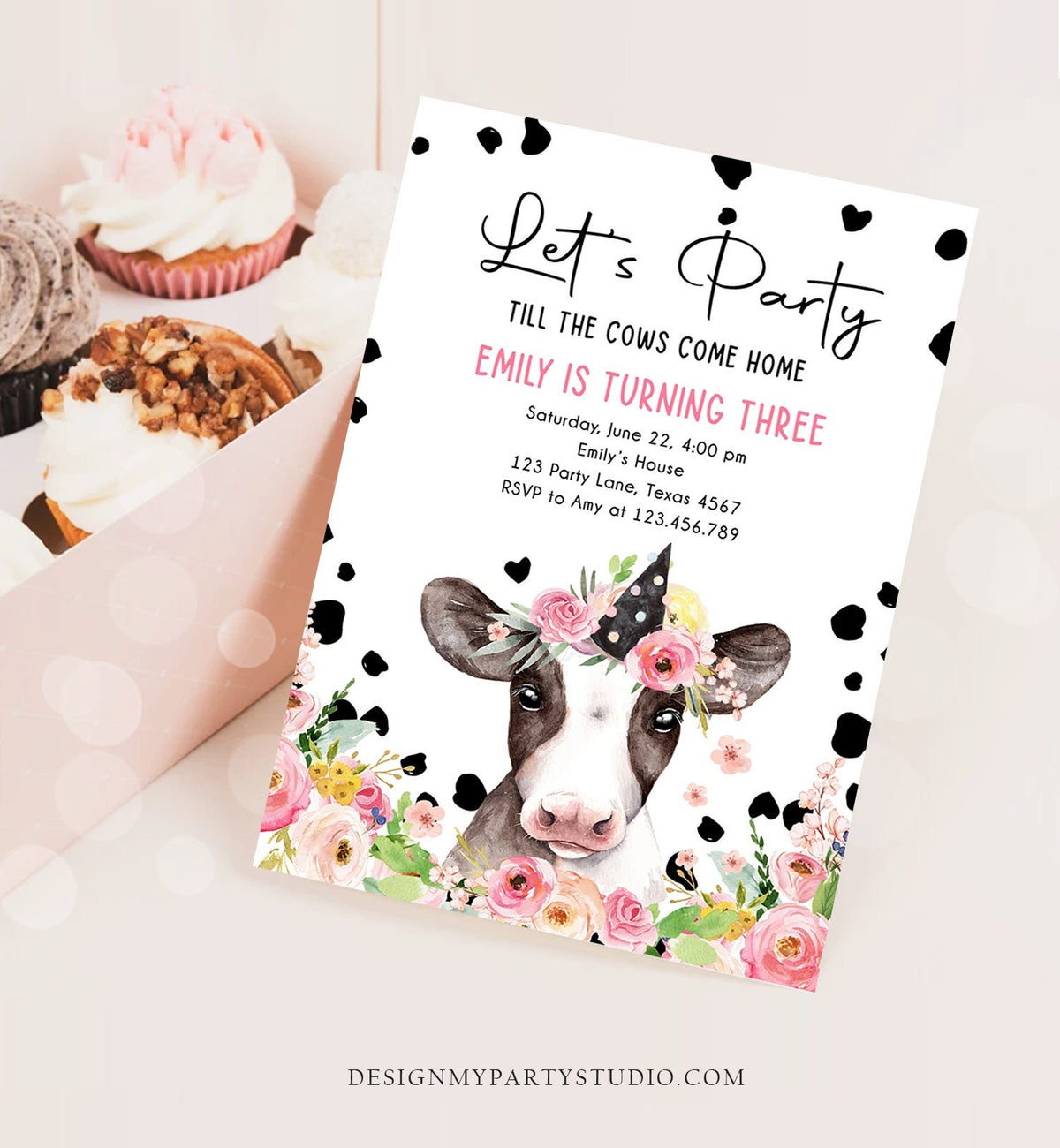 Editable Cow Birthday Invitation Girl Farm Animals Let&#39;s Party Till The Cows Come Home Holy Cow 1st Download Printable Template Corjl 0434