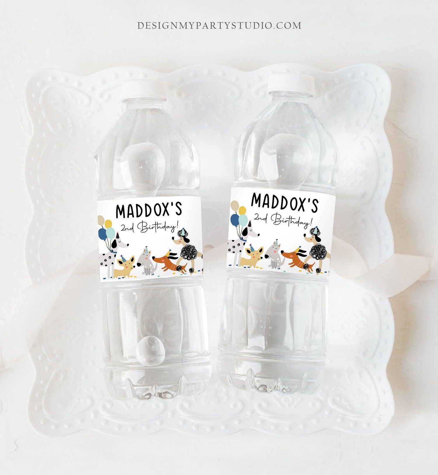 Editable Dog Water Bottle Labels Dog Birthday Puppy Party Doggy Pet Vet Pawty Birthday Decor Boy Printable Bottle Wrap Template Corjl 0429