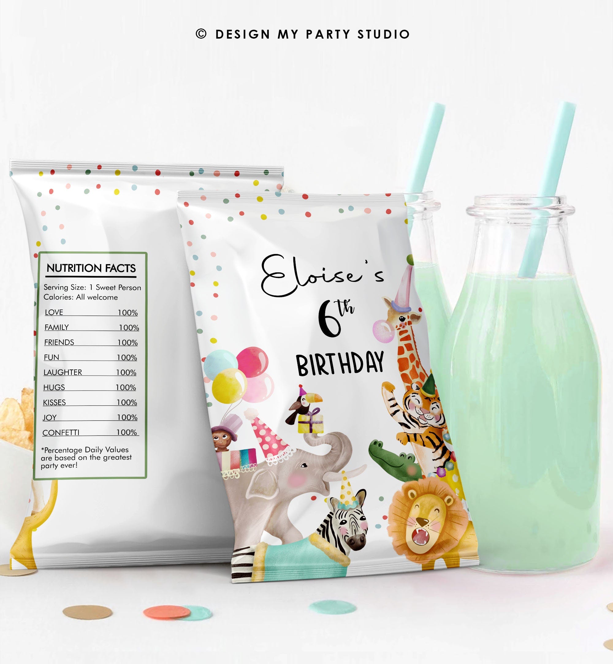 Editable Party Animals Birthday Chip Bag Wild One Decor Boy Girl Safari Animals Snack Favors Zoo Wild Three Digital Corjl Template 0482