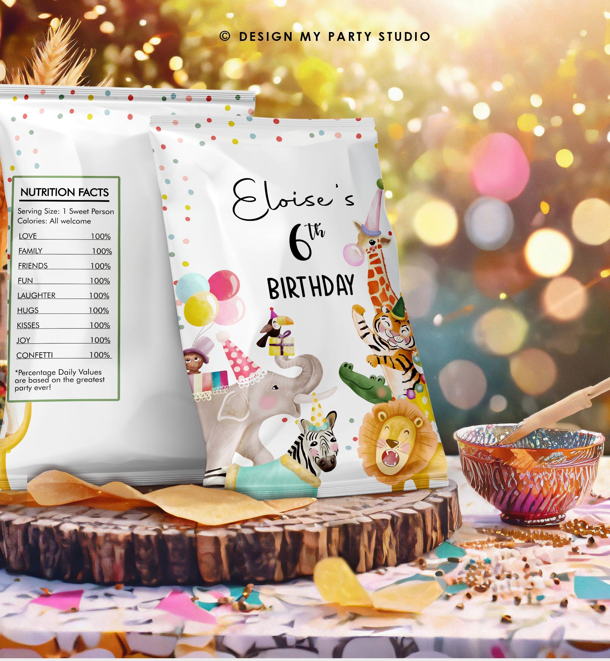 Editable Party Animals Birthday Chip Bag Wild One Decor Boy Girl Safari Animals Snack Favors Zoo Wild Three Digital Corjl Template 0482