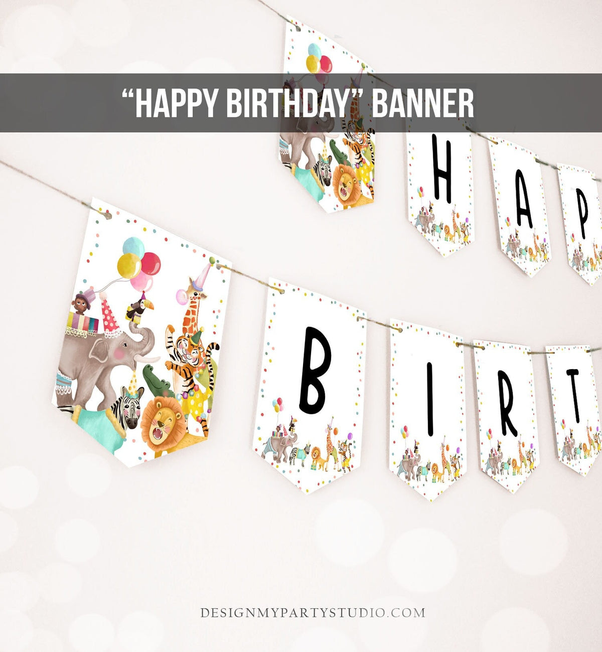 Happy Birthday Banner Party Animals Safari Animals Wild One Birthday Zoo Decorations Boy Girl Jungle Instant download PRINTABLE DIGITAL 0482