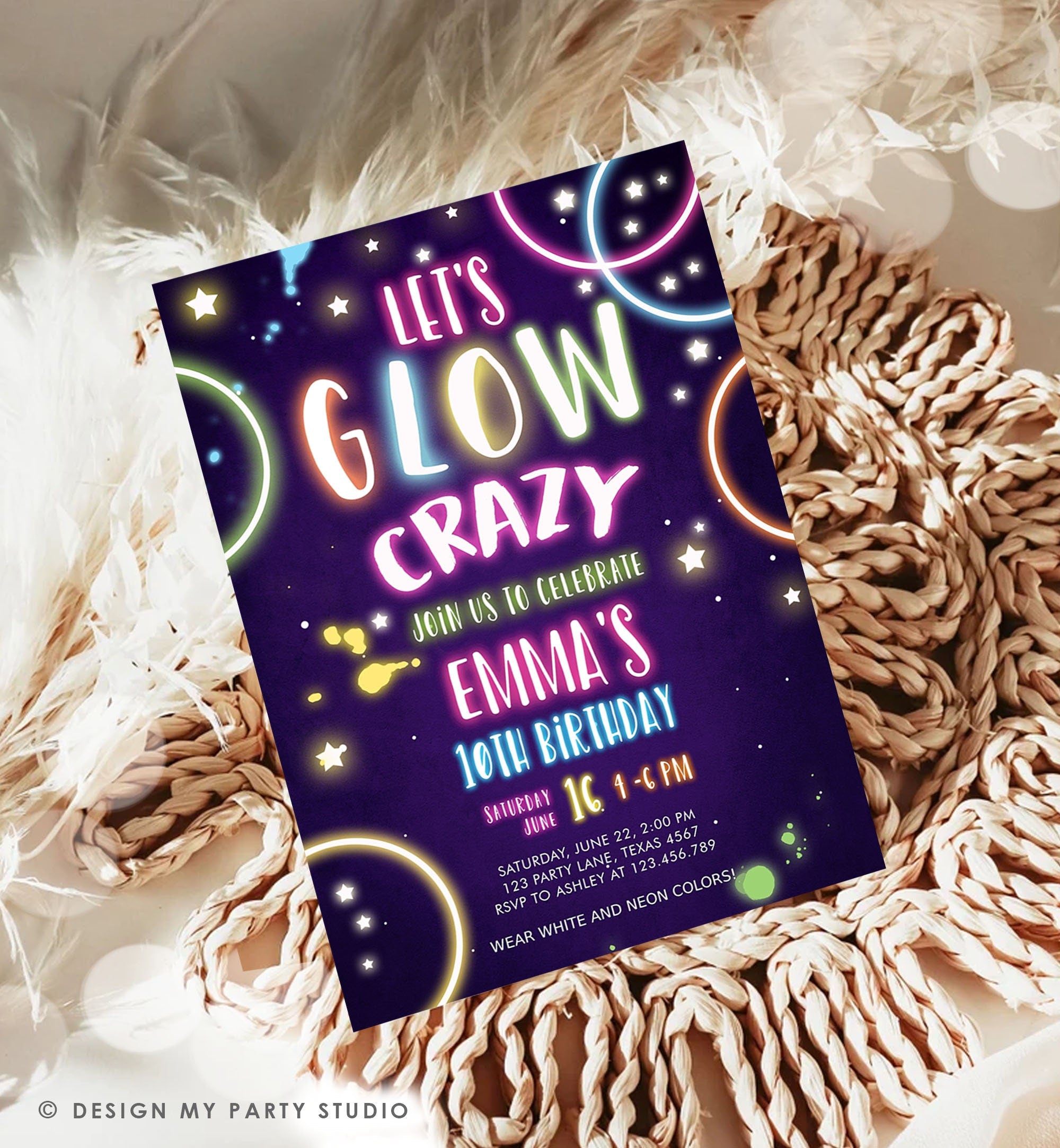 Editable Let&#39;s Glow Crazy Birthday Invitation Glow Party Neon Glow In The Dark Party Girls Teen Pink Download Template Corjl Printable 0172