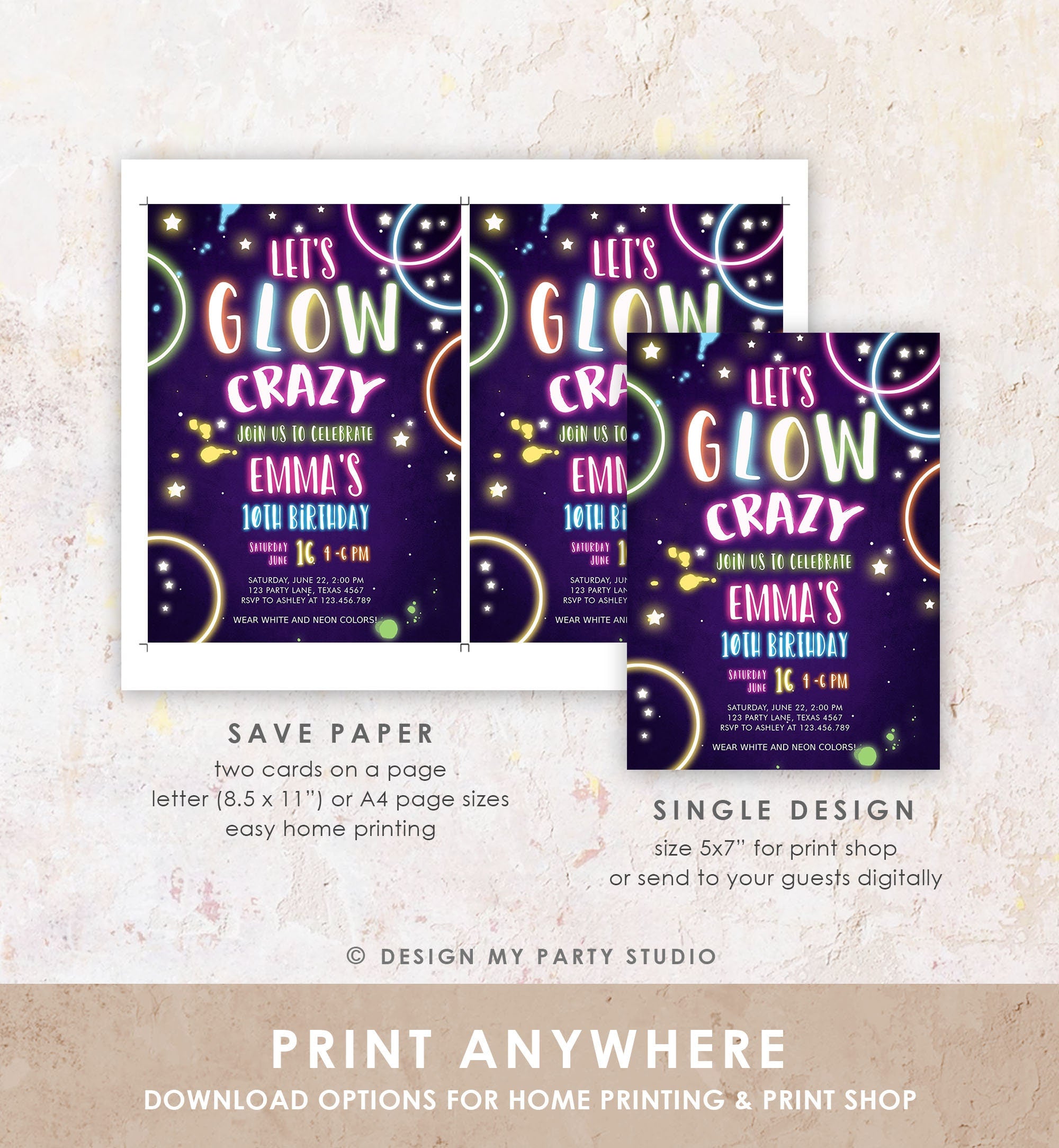 Editable Let's Glow Crazy Birthday Invitation Glow Party Neon Glow In The Dark Girl Teen Pink Digital Download Evite Template Printable 0172