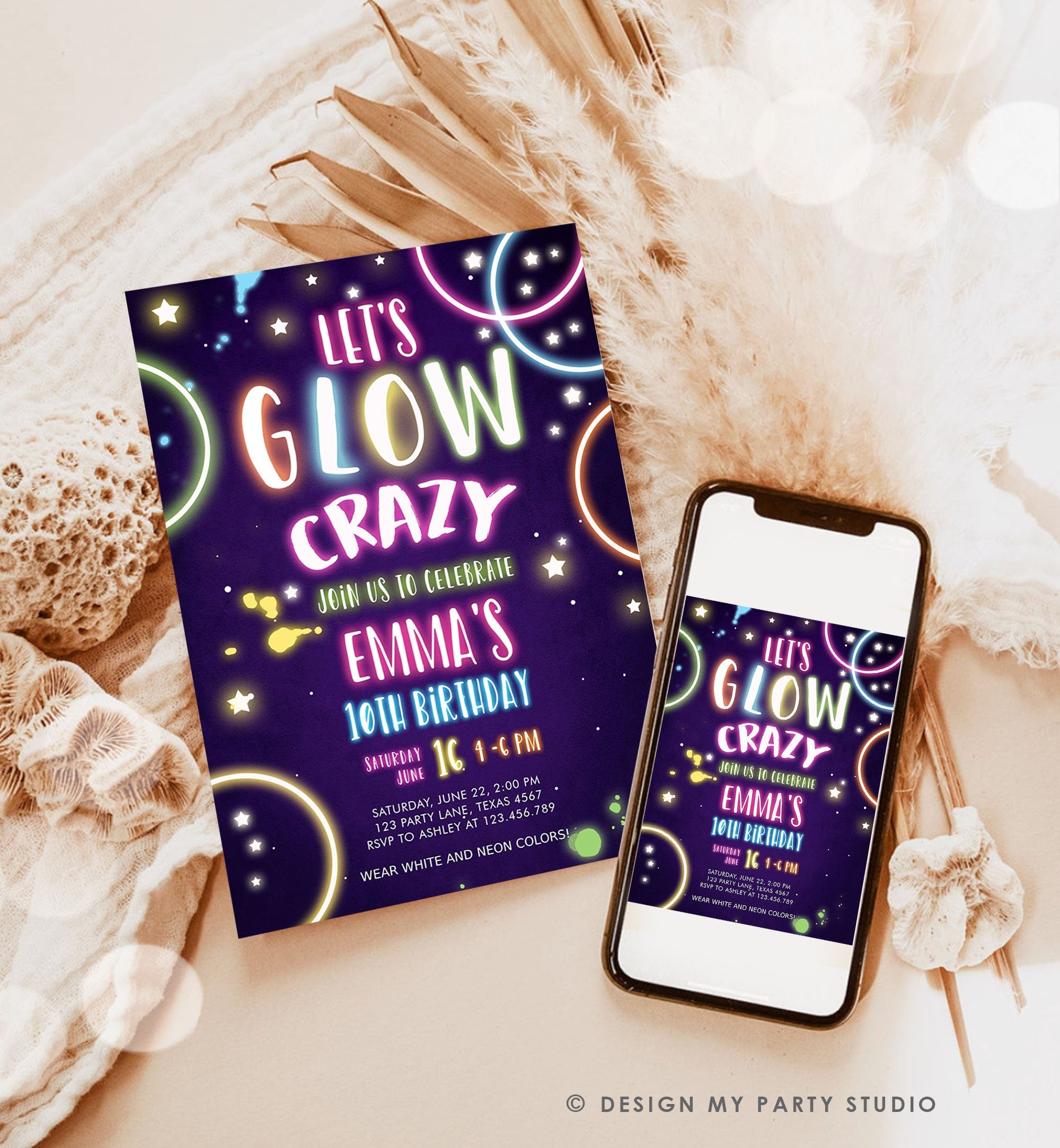 Editable Let's Glow Crazy Birthday Invitation Glow Party Neon Glow In The Dark Girl Teen Pink Digital Download Evite Template Printable 0172