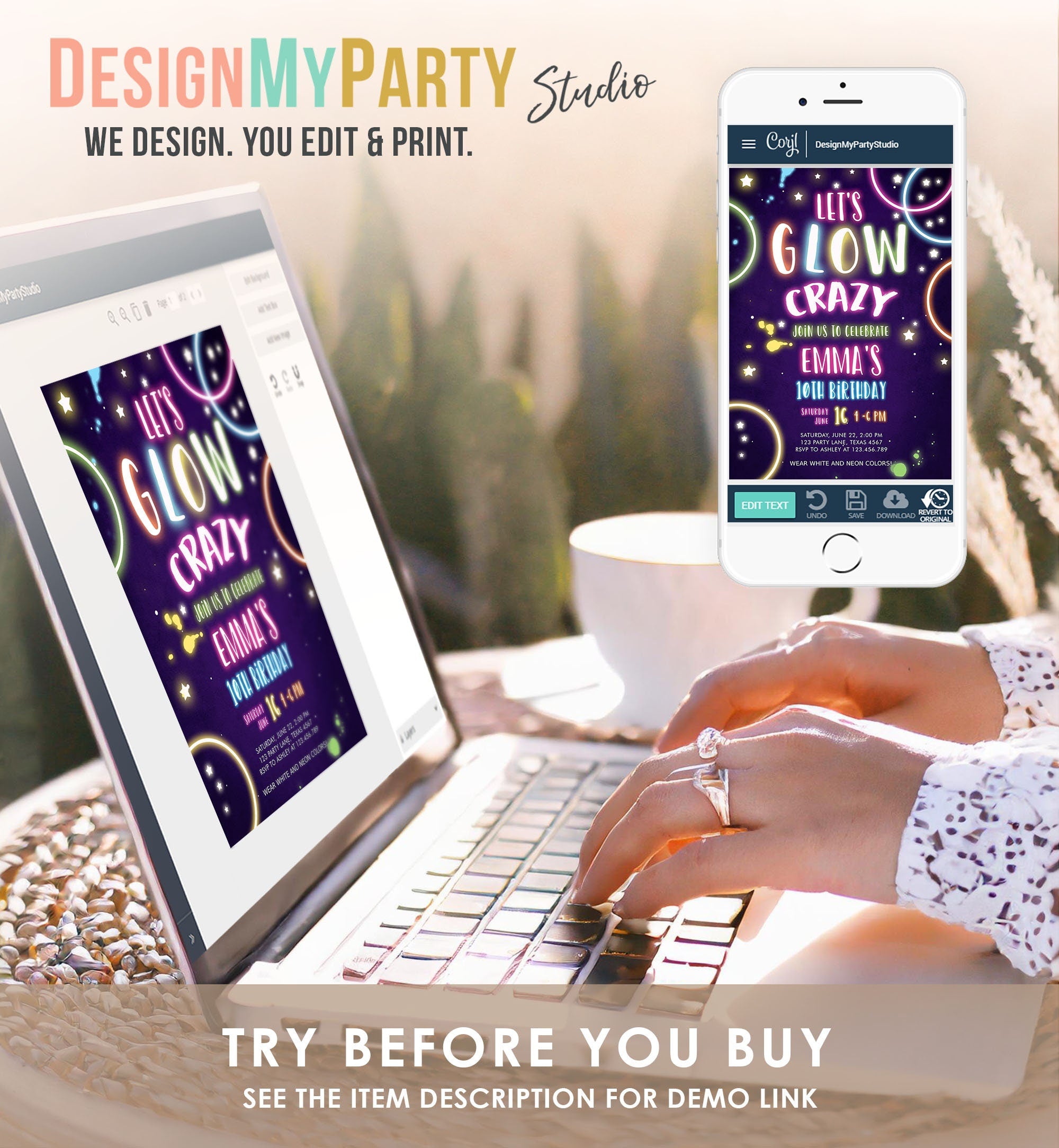 Editable Let's Glow Crazy Birthday Invitation Glow Party Neon Glow In The Dark Girl Teen Pink Digital Download Evite Template Printable 0172