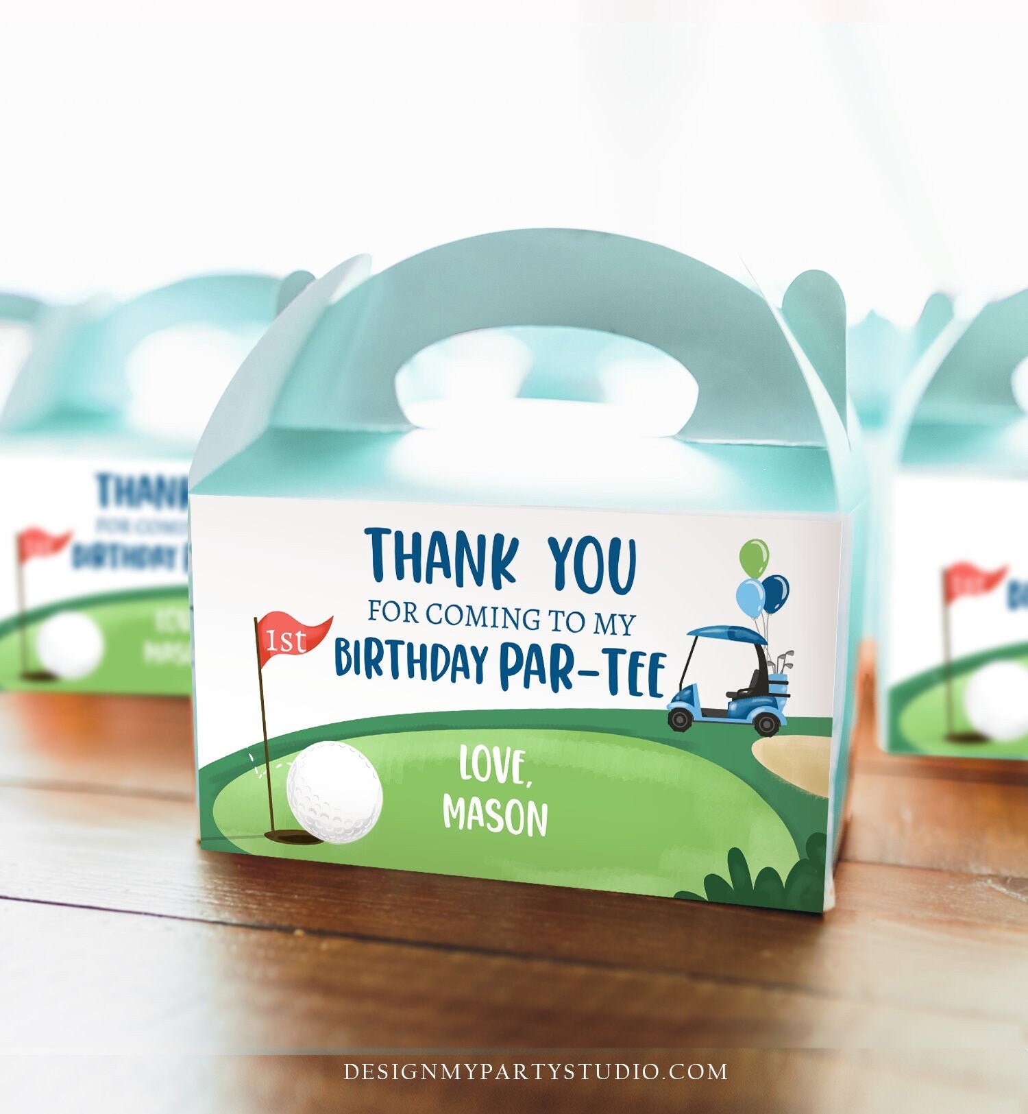 Editable Golf Hole in One Birthday Party Gable Box Favor Label Golf Gift Box Labels Par-tee Boy Golfing 1st Blue Download Printable 0405