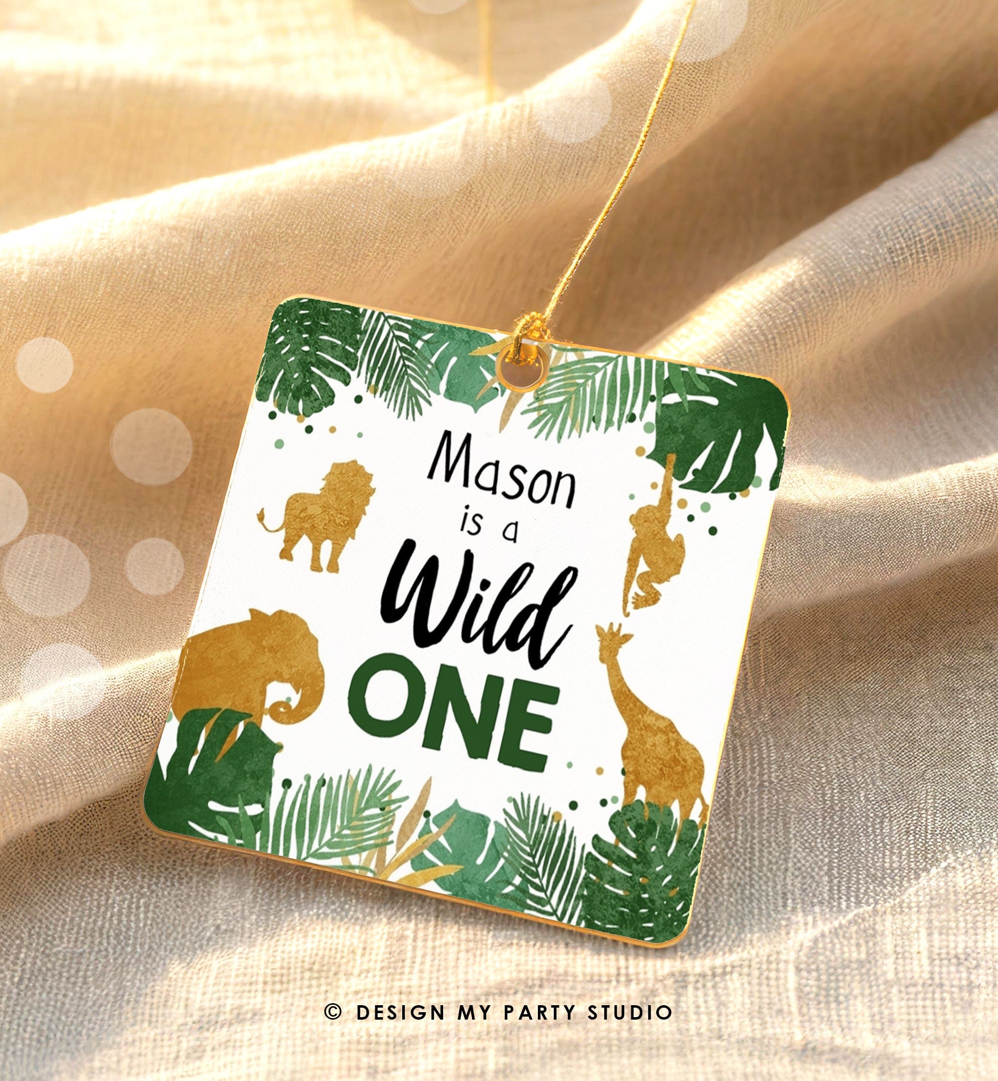 Editable Safari Animals Birthday Tag Wild One Tags Thank You Tag Jungle Zoo Party Animals Favor Tag Black Gold Safari Sticker Template 0016