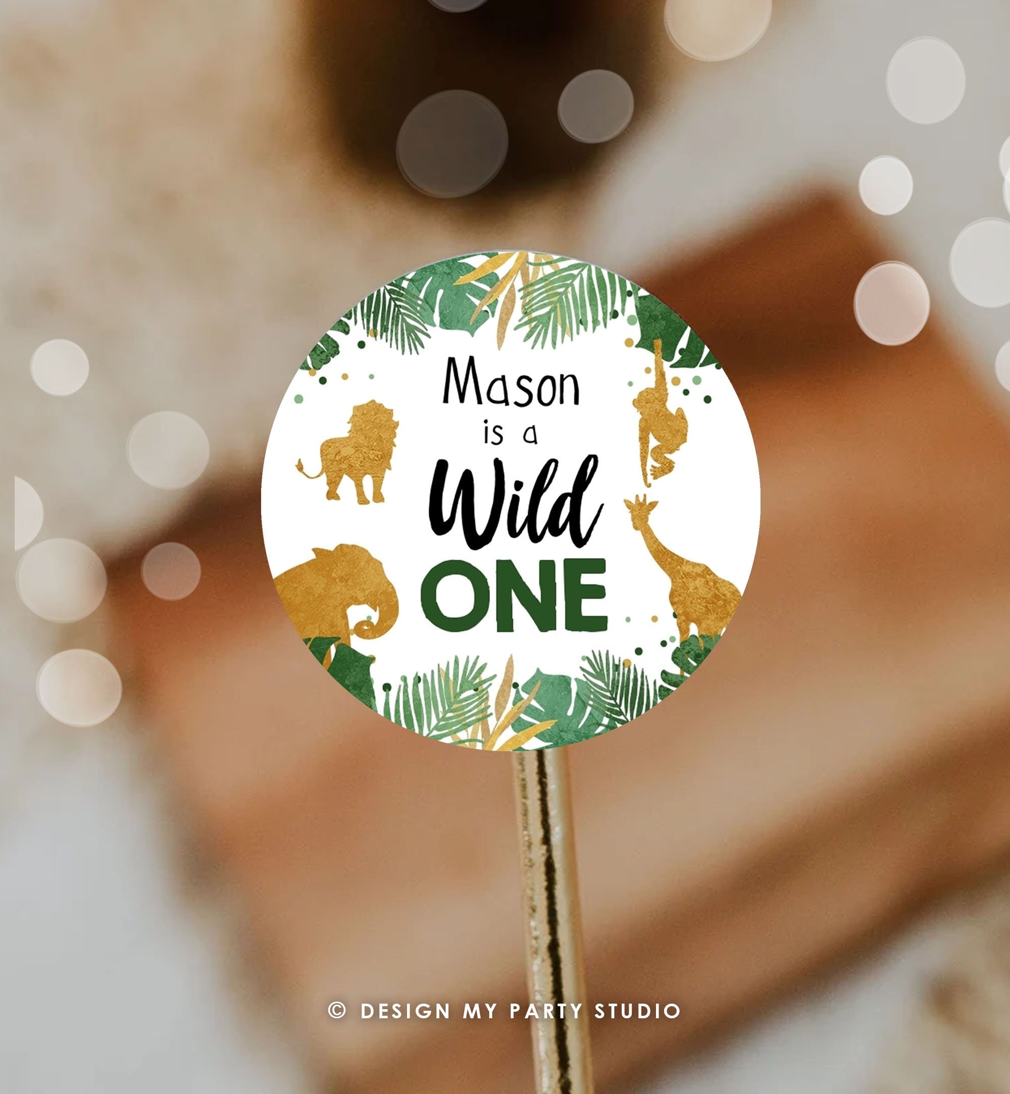 Editable Safari Animals Birthday Tag Wild One Tags Thank You Tag Jungle Zoo Party Animals Favor Tag Black Gold Safari Sticker Template 0016