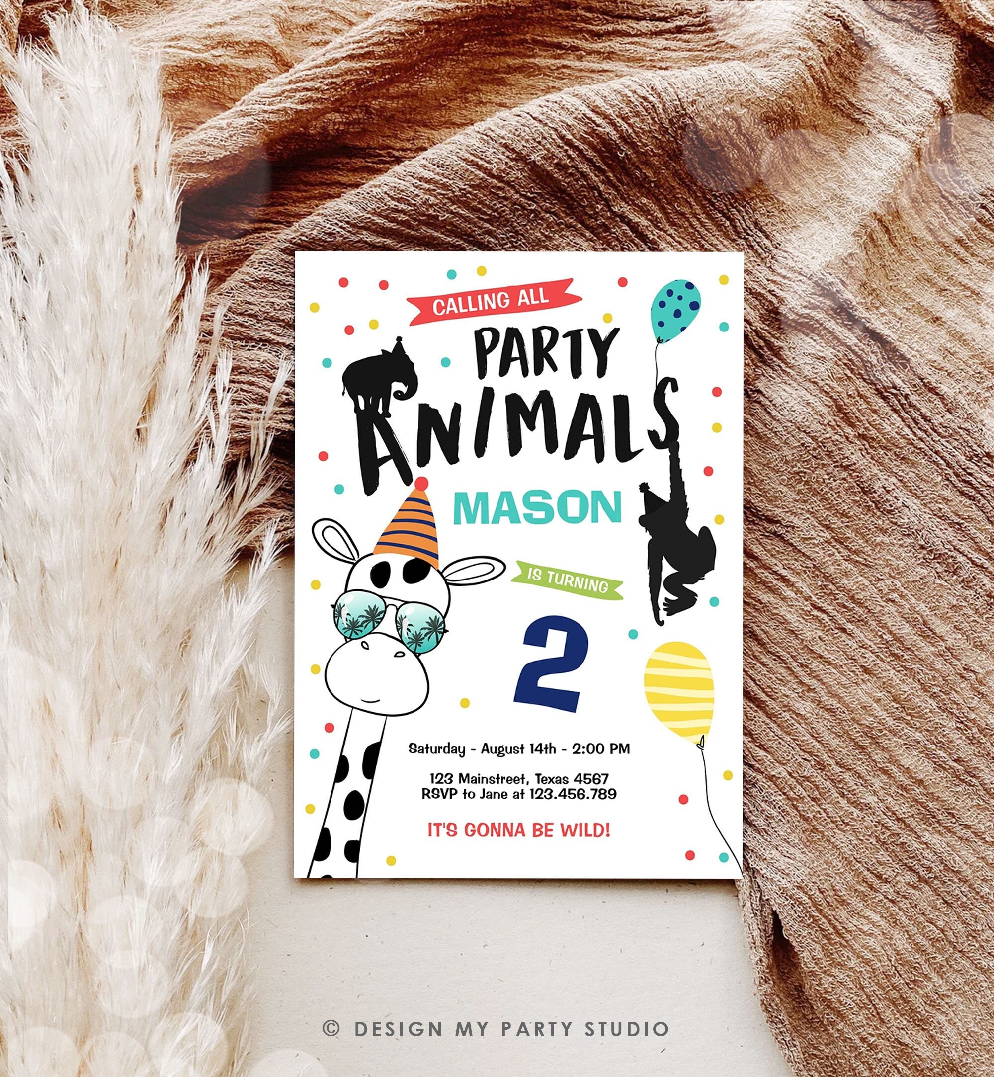 Editable Party Animals Birthday Invitation Wild One Animals Invitation Zoo Safari Animals Boy Download Printable Invite Template Digital