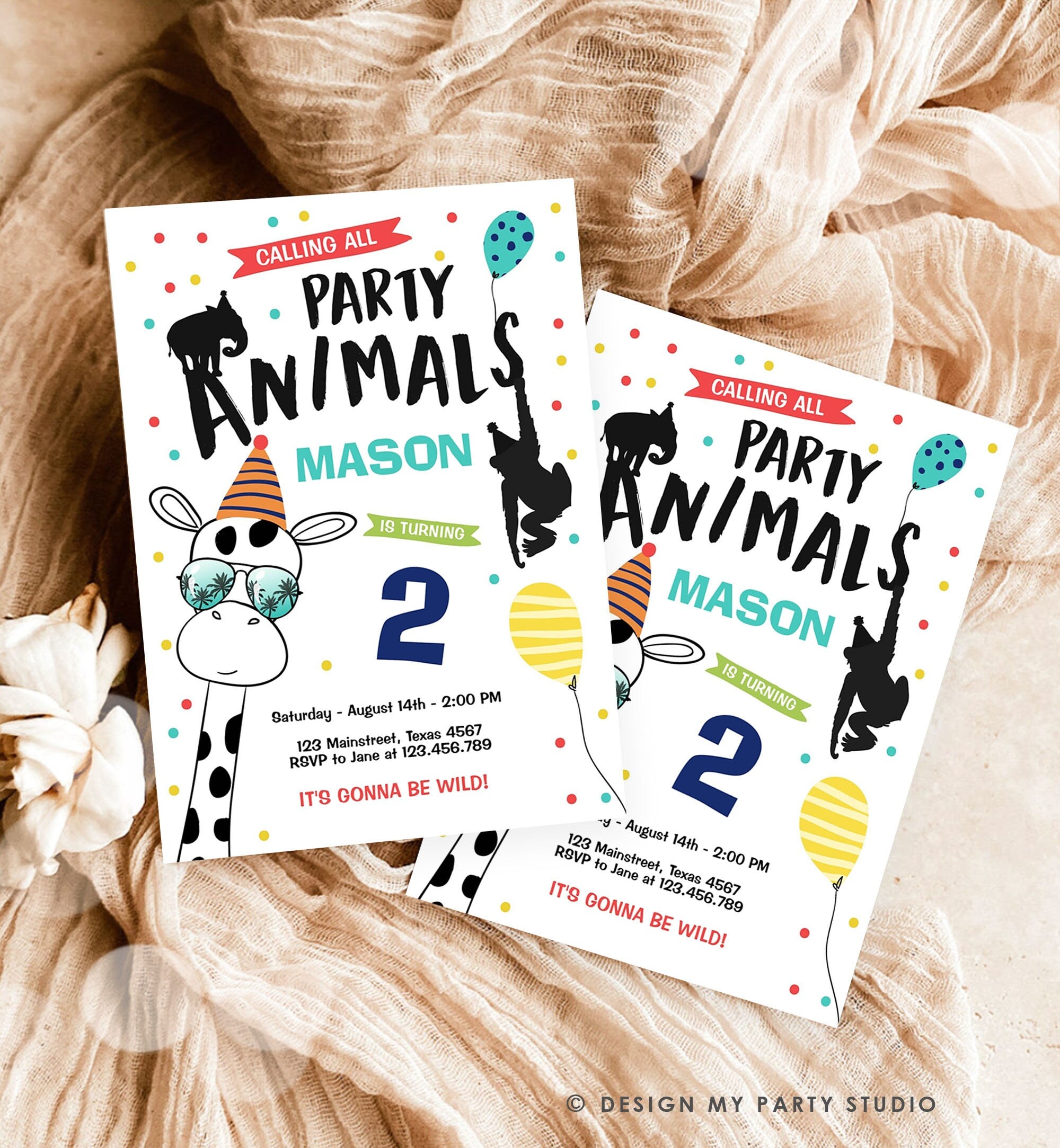 Editable Party Animals Birthday Invitation Wild One Animals Invitation Zoo Safari Animals Boy Download Printable Invite Template Digital