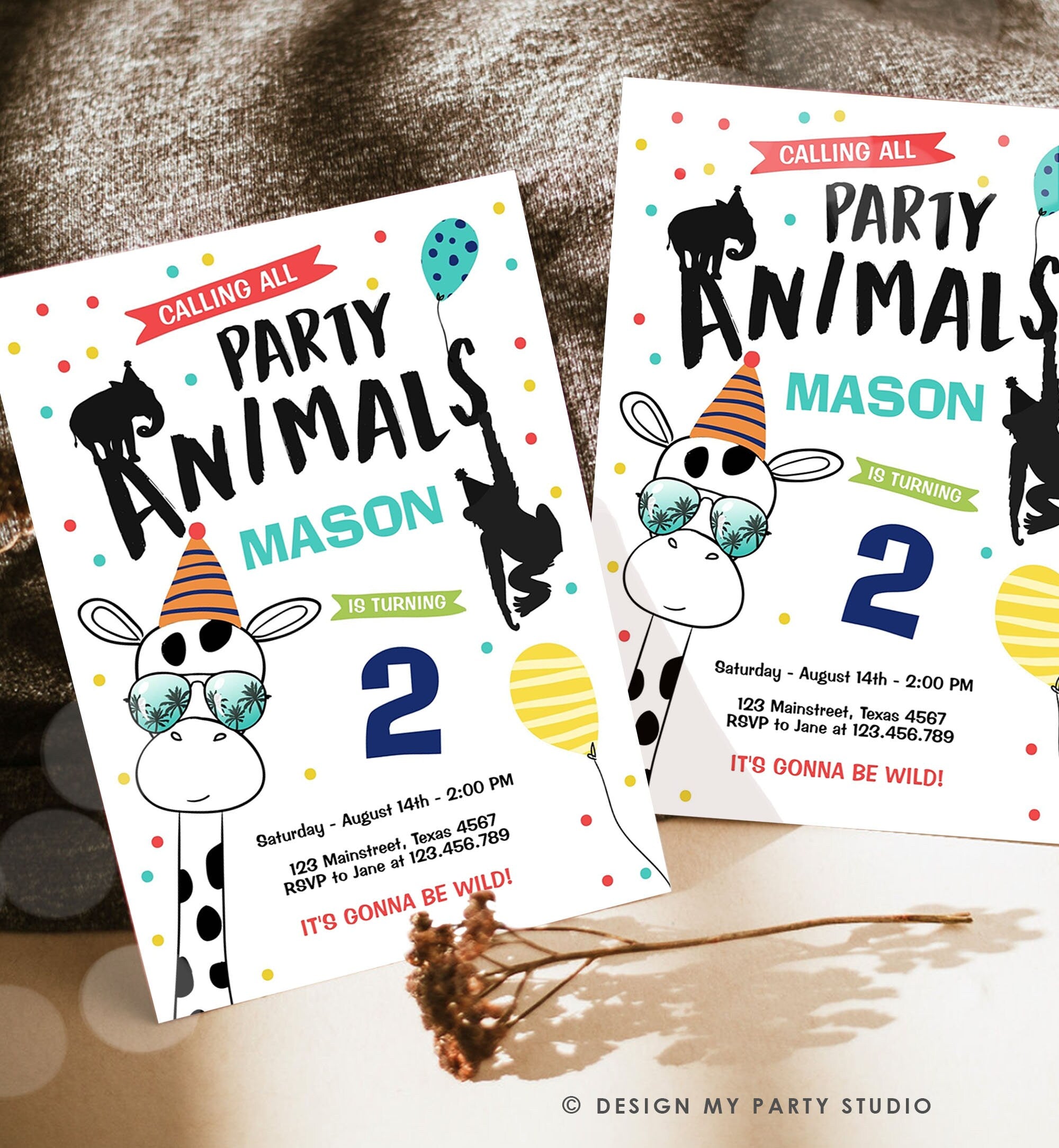 Editable Party Animals Birthday Invitation Wild One Animals Invitation Zoo Safari Animals Boy Download Printable Invite Template Digital