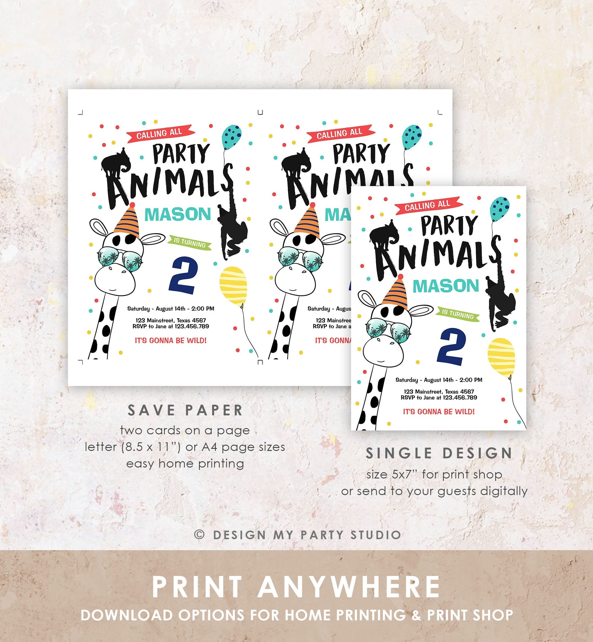 Editable Party Animals Birthday Invitation Wild One Animals Invitation Zoo Safari Animals Boy Download Printable Invite Template Digital