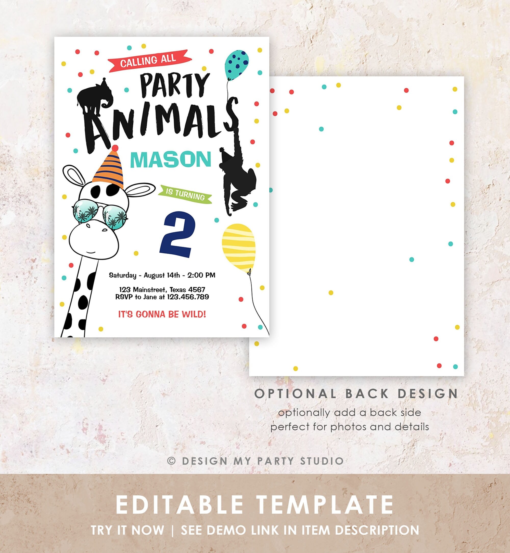 Editable Party Animals Birthday Invitation Wild One Animals Invitation Zoo Safari Animals Boy Download Printable Invite Template Digital