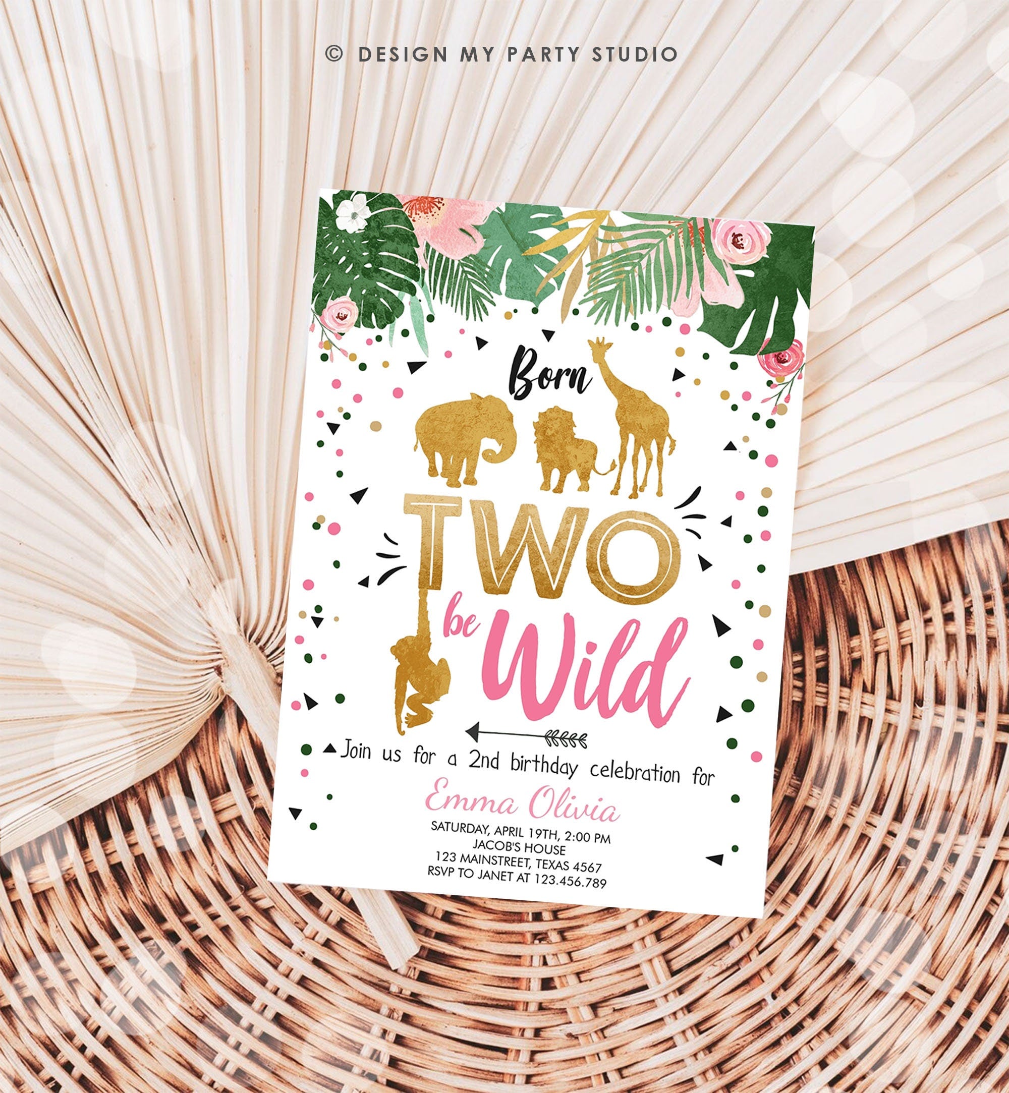 Editable Born Two Be Wild Birthday Invitation Girl Animals Jungle Safari Pink Gold 2nd Birthday Download Printable Template Digital 0016