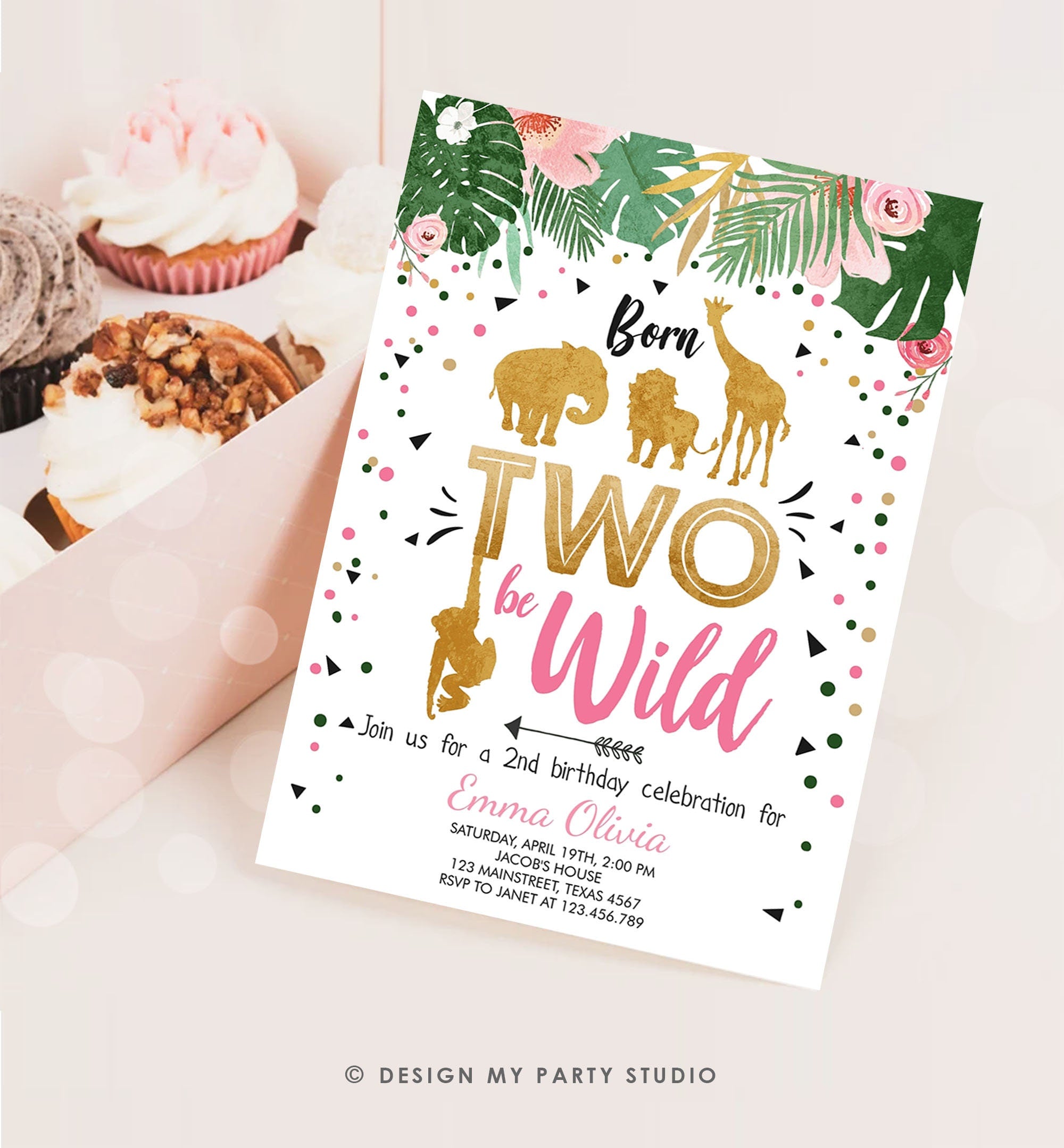 Editable Born Two Be Wild Birthday Invitation Girl Animals Jungle Safari Pink Gold 2nd Birthday Download Printable Template Digital 0016