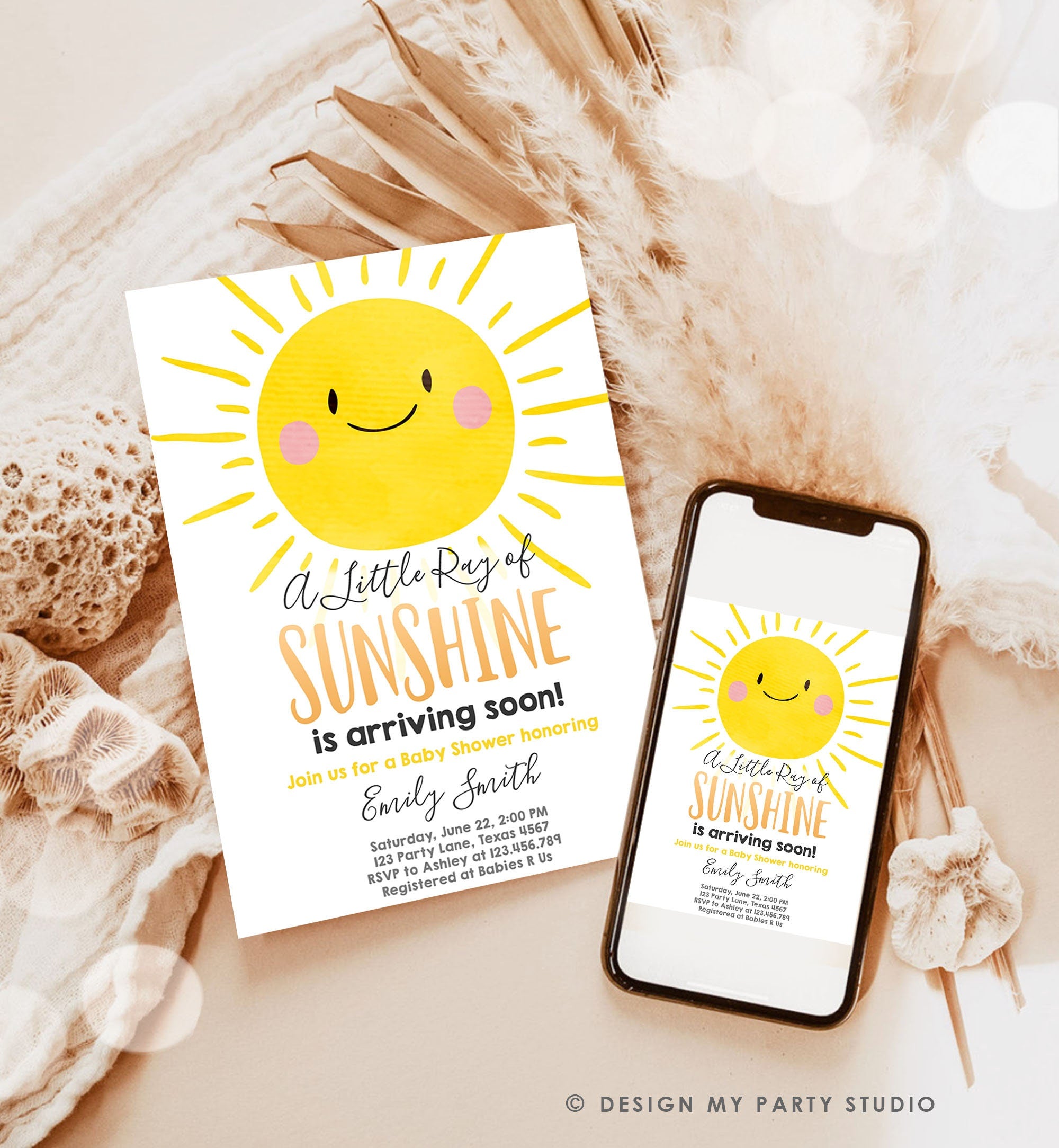 Editable Sunshine Baby Shower Invitation A Ray of Sunshine Little Sunshine Gender Neutral Invite Download Sigital Template Printable 0141