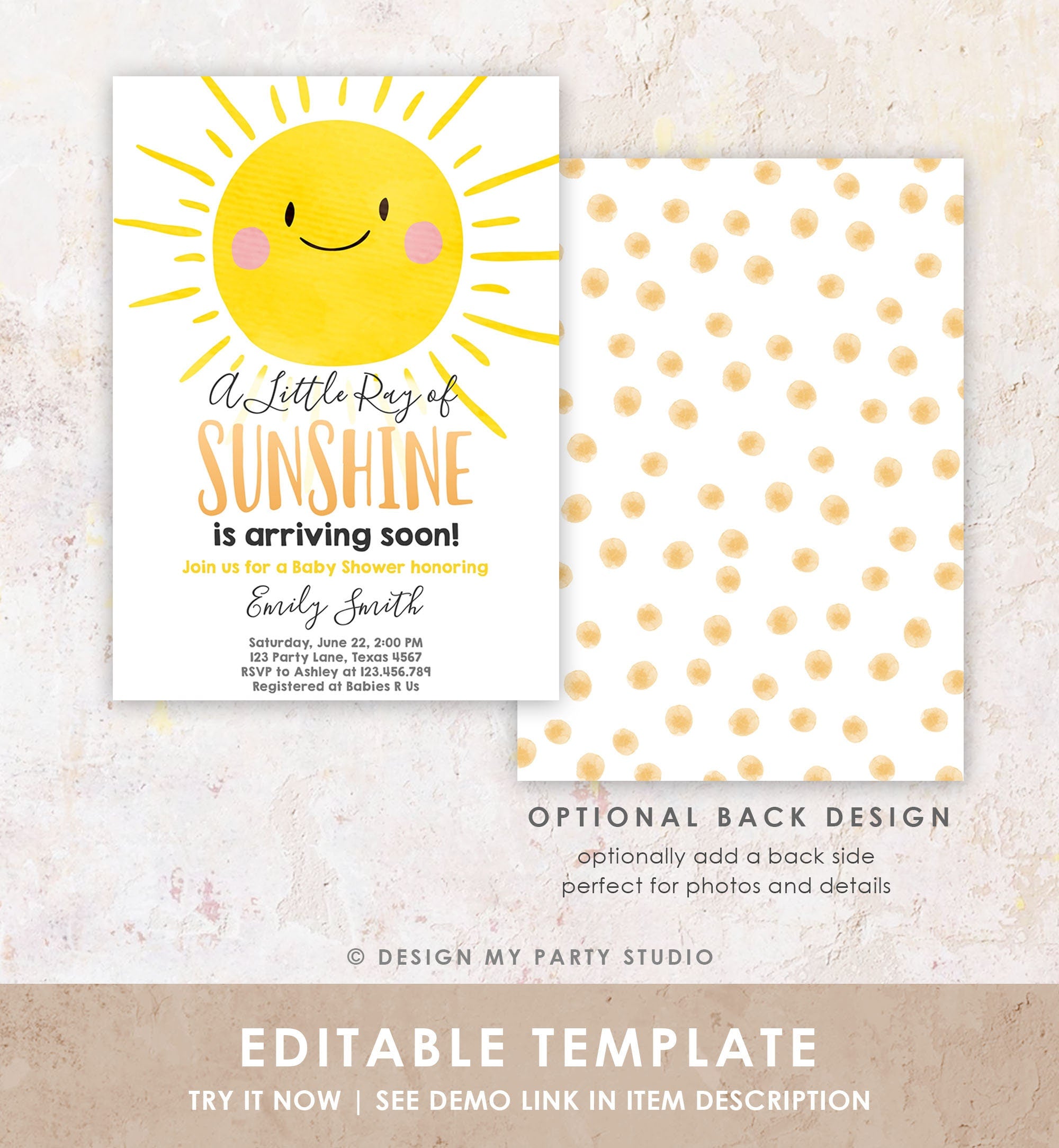 Editable Sunshine Baby Shower Invitation A Ray of Sunshine Little Sunshine Gender Neutral Invite Download Sigital Template Printable 0141