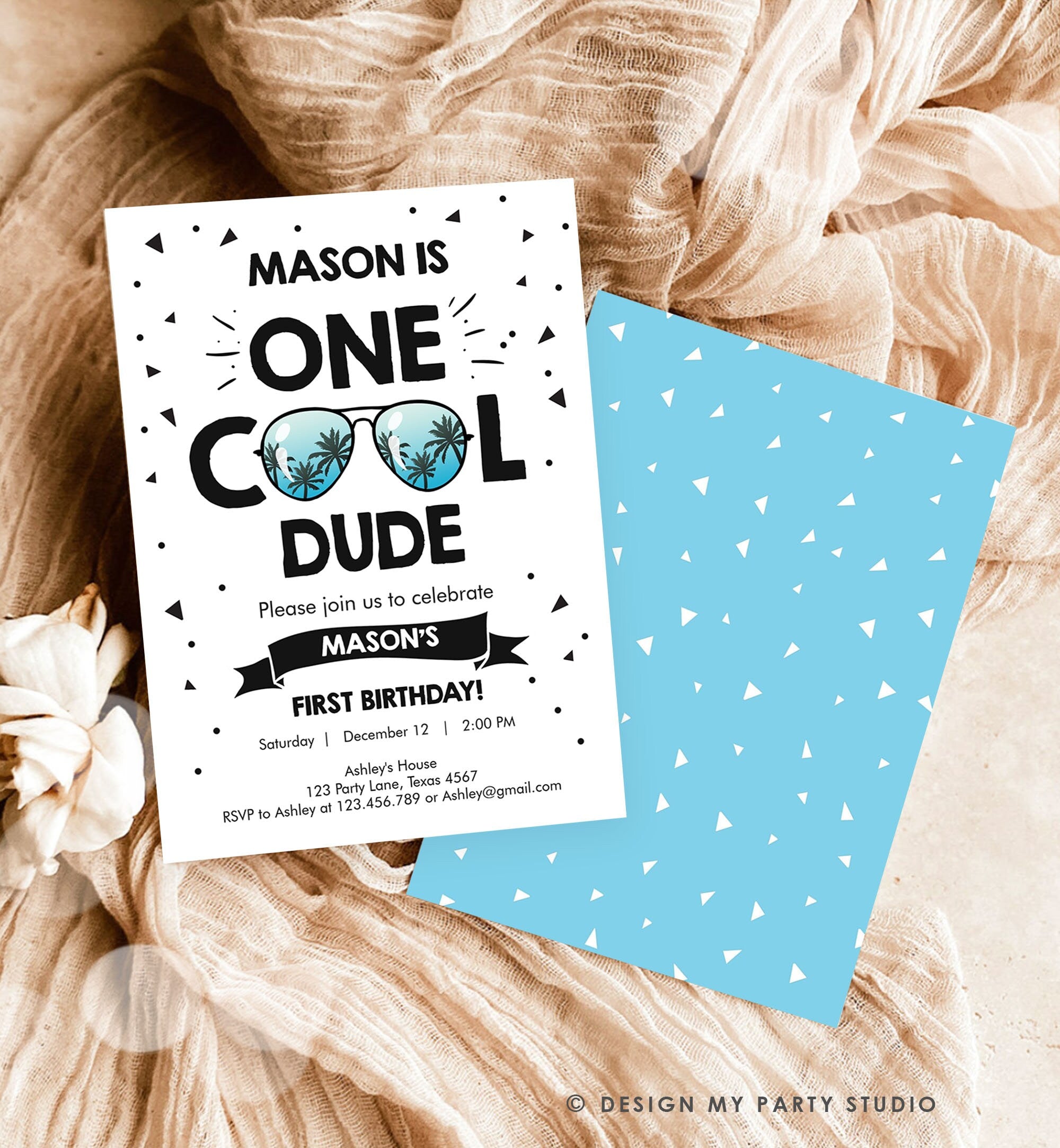 Editable One Cool Dude 1st Birthday Invitation Boy First Birthday Party Sunglasses Palm Tropical Pool Cool One Printable Evite Template 0136