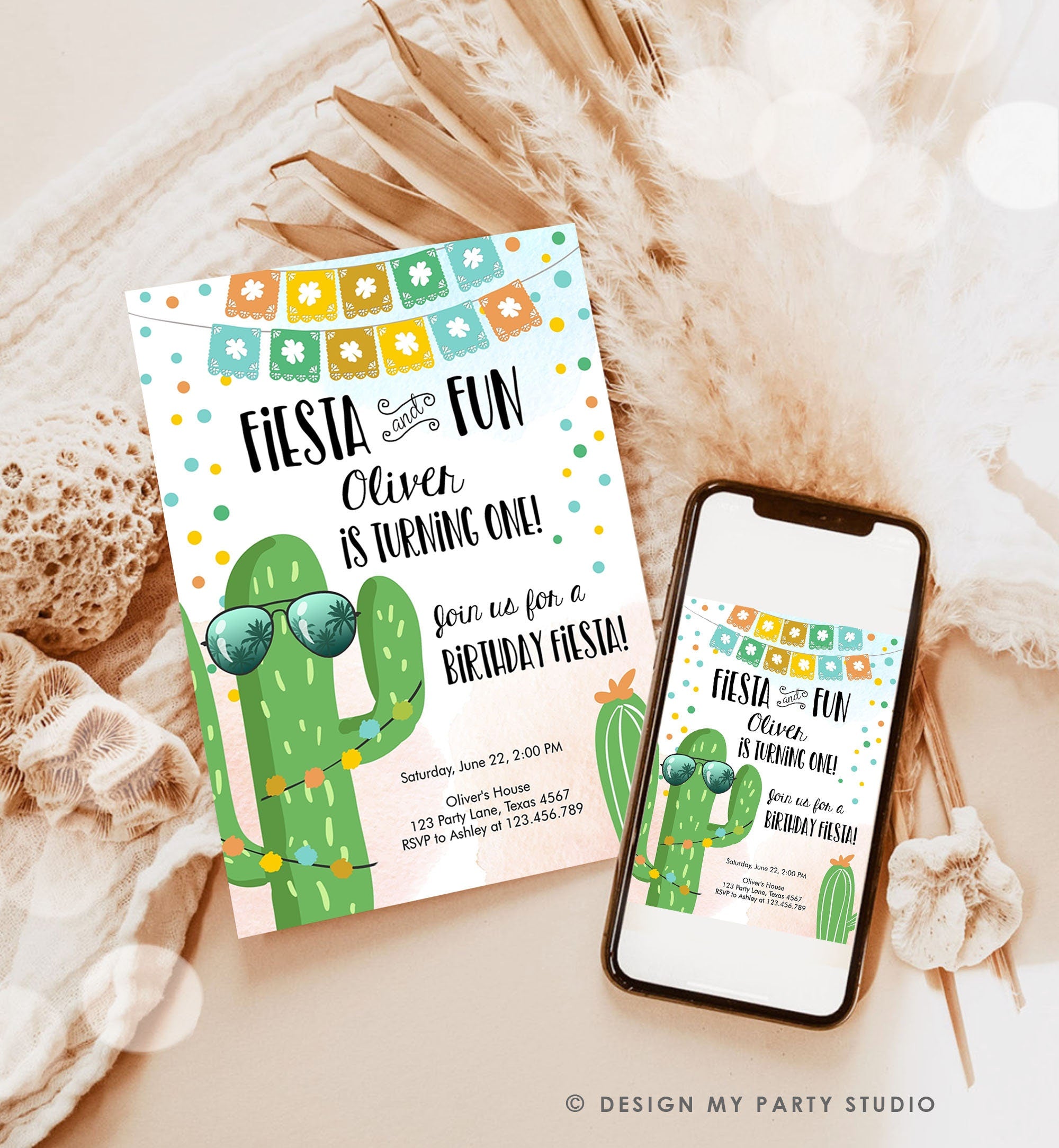 Editable Fiesta and Fun Birthday Invitation First Fiesta Cactus Sunglasses Blue Boy ANY AGE Instant Download Digital Template Printable 0135