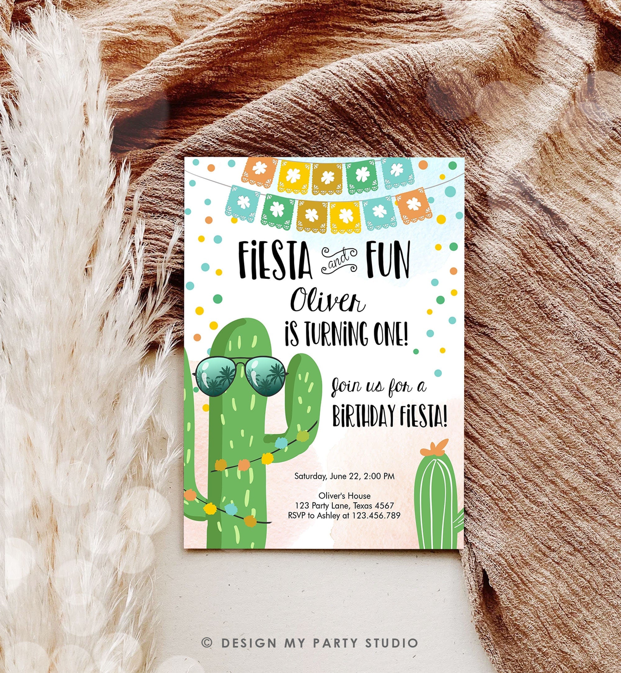 Editable Fiesta and Fun Birthday Invitation First Fiesta Cactus Sunglasses Blue Boy ANY AGE Instant Download Digital Template Printable 0135