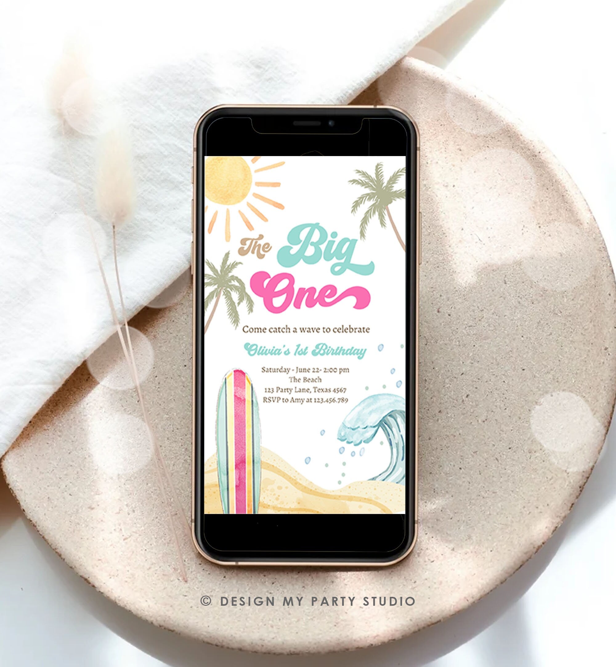 Editable The Big One Surf 1st Birthday Invitation Retro Surfboard Beach Party Wave Surfer Boho Girl Download Template Corjl Digital 0433