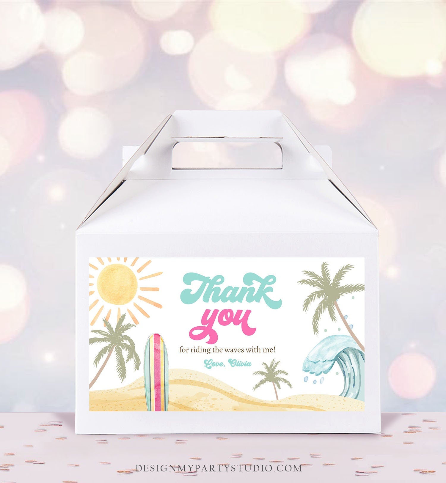 Editable Surf Gable Box Favor Label Surf Birthday Favor Box Label GirlThe Big One Retro Surfboard 1st Digital Download Printable Corjl 0433