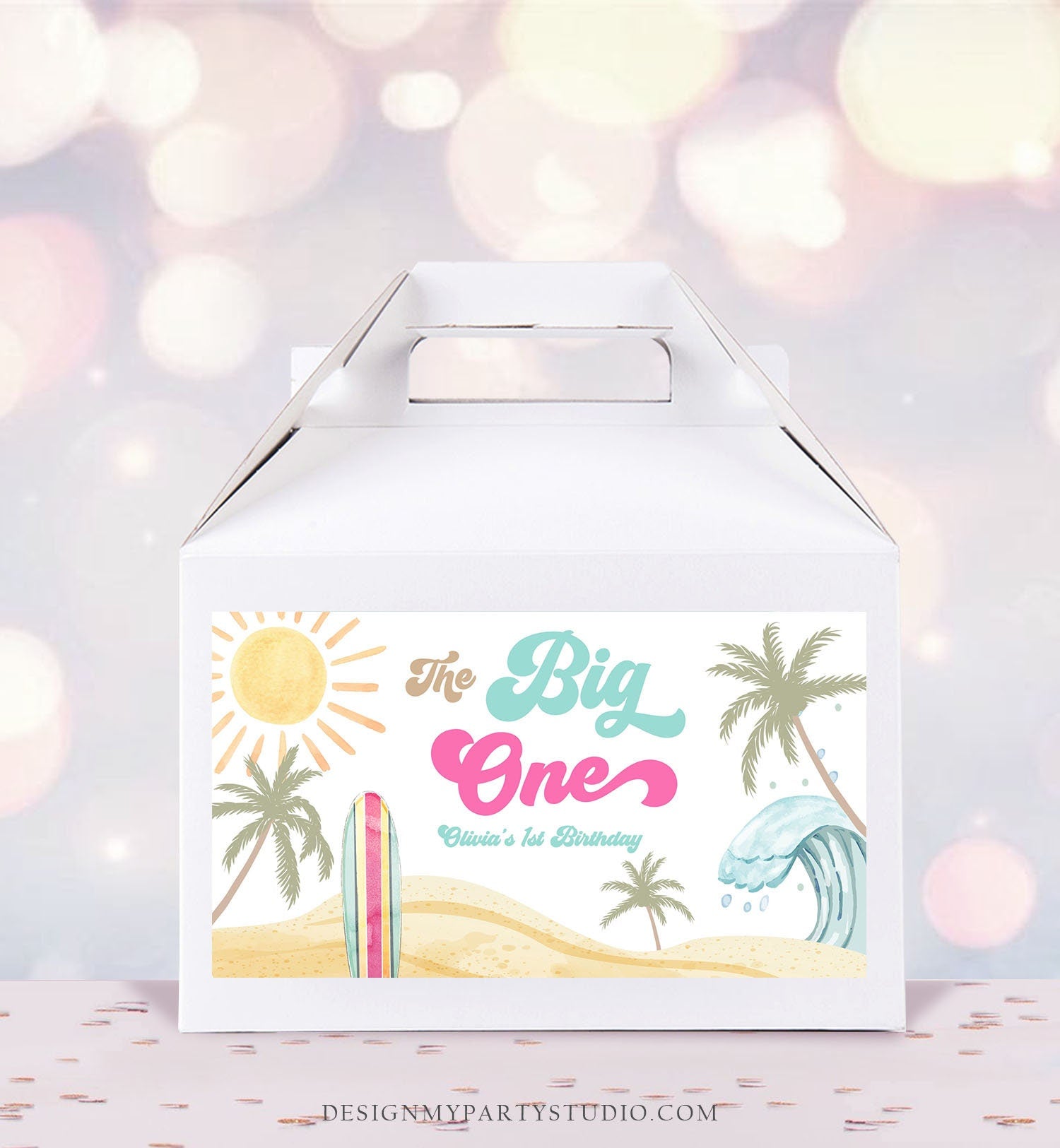 Editable Surf Gable Box Favor Label Surf Birthday Favor Box Label Girl The Big One Retro Surfboard 1st Digital Download Printable Corjl 0433