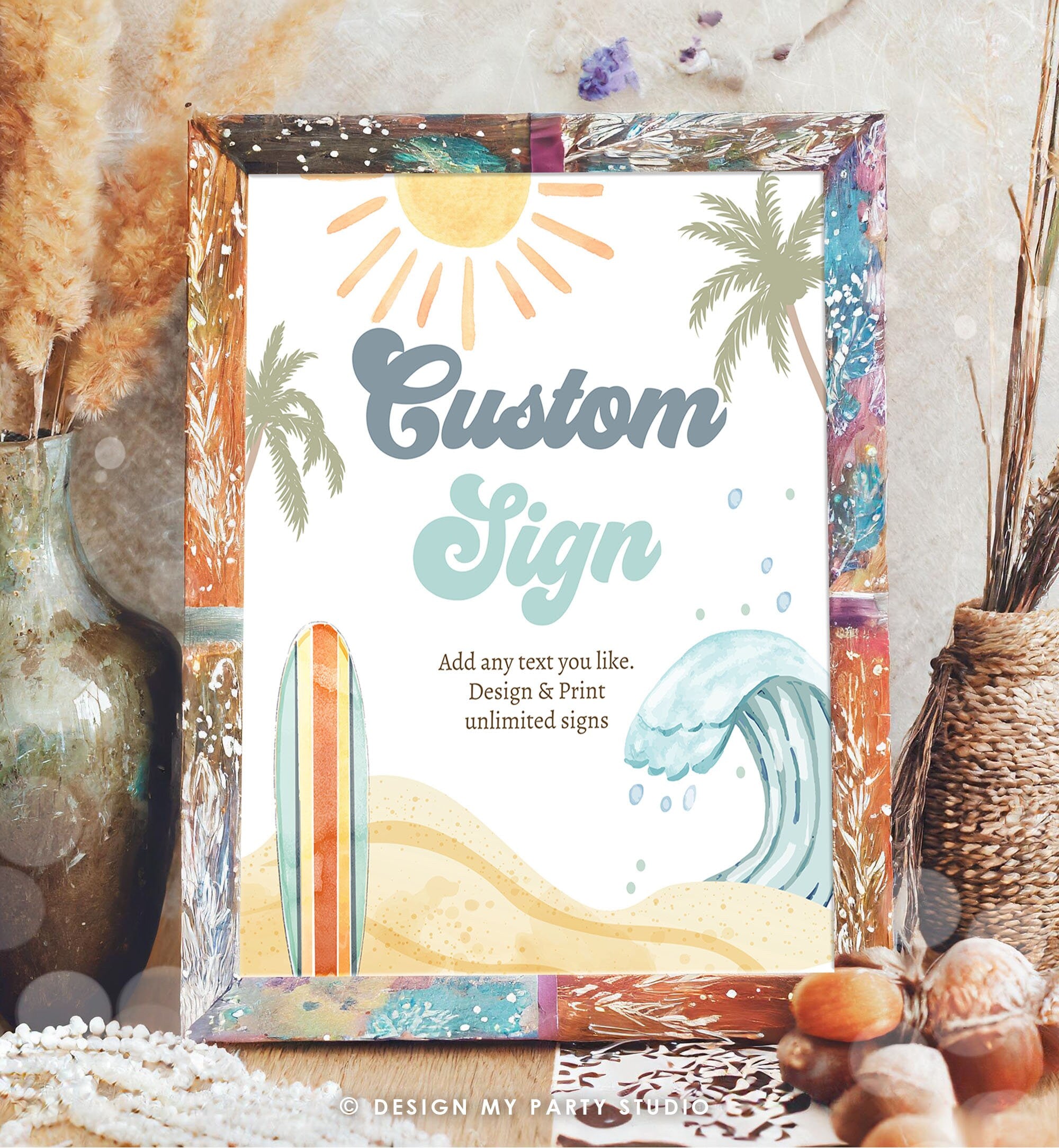 Editable Custom Sign Surf Birthday Party Sign Boy The Big One Surfing Birthday Sign Beach Party Retro Wave Template Corjl PRINTABLE 0433