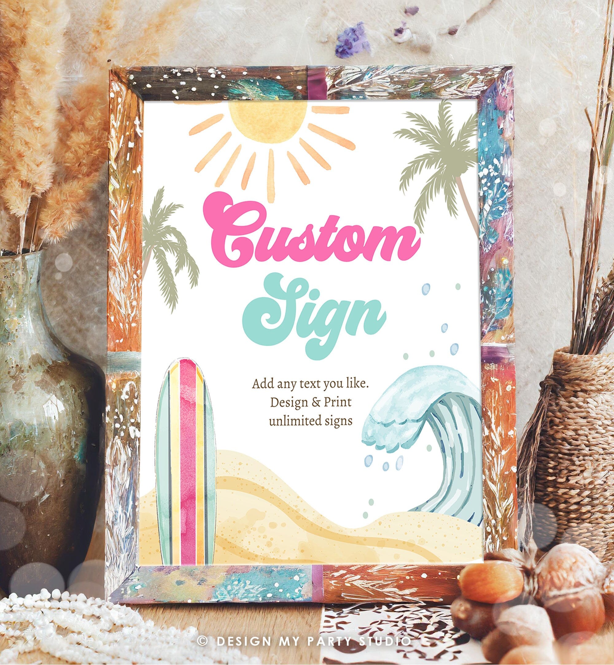 Editable Custom Sign Surf Birthday Party Sign Girl The Big One Surfing Birthday Sign Beach Party Retro Wave Template Corjl PRINTABLE 0433