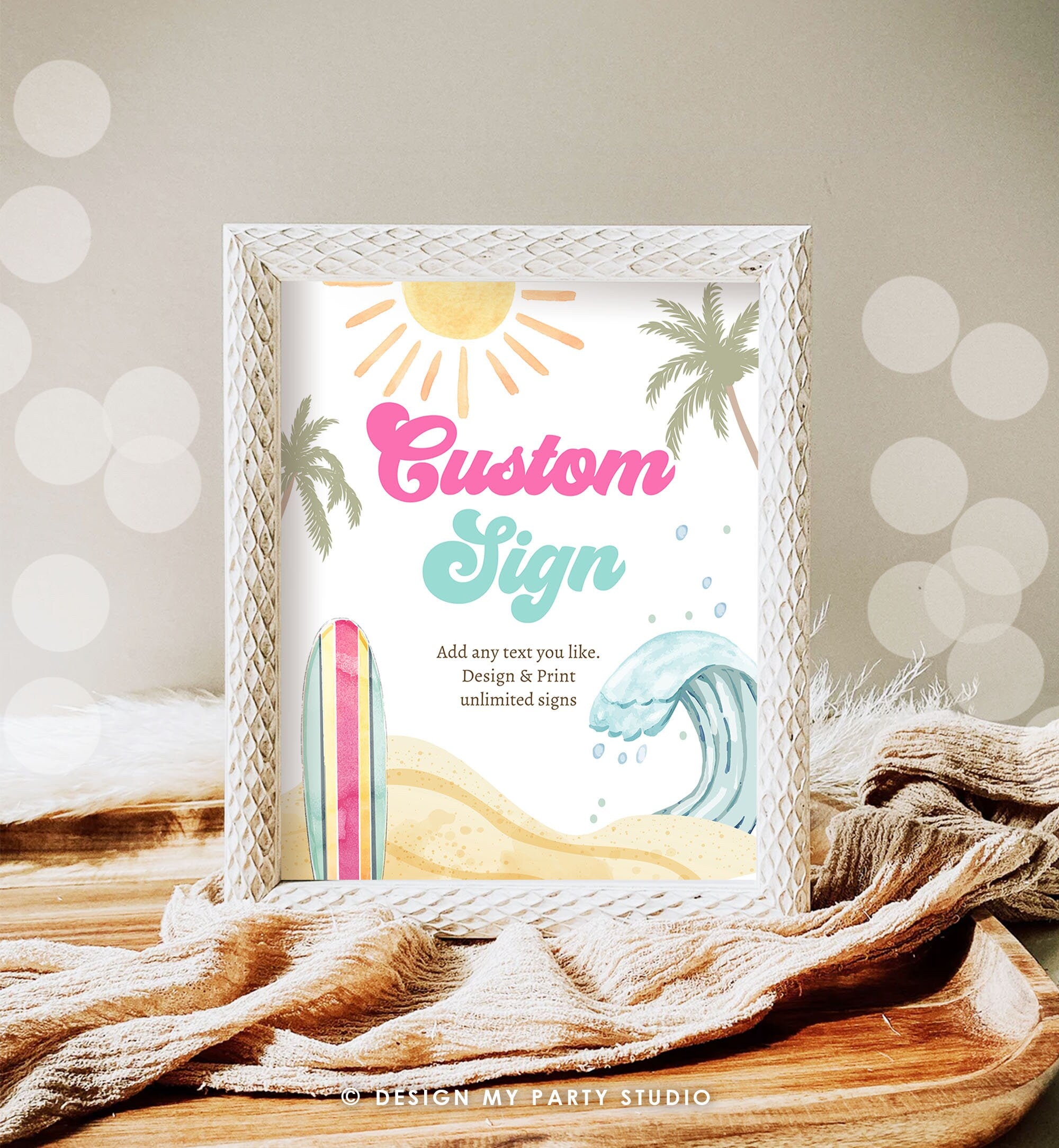 Editable Custom Sign Surf Birthday Party Sign Girl The Big One Surfing Birthday Sign Beach Party Retro Wave Template Corjl PRINTABLE 0433