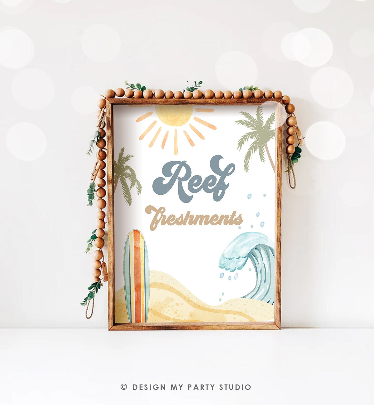 Reef Freshments Sign Surf Birthday Party Retro The Big One Wave Beach Party Decor Boho Surfboard 1st Boy Drinks Sign Download PRINTABLE 0433