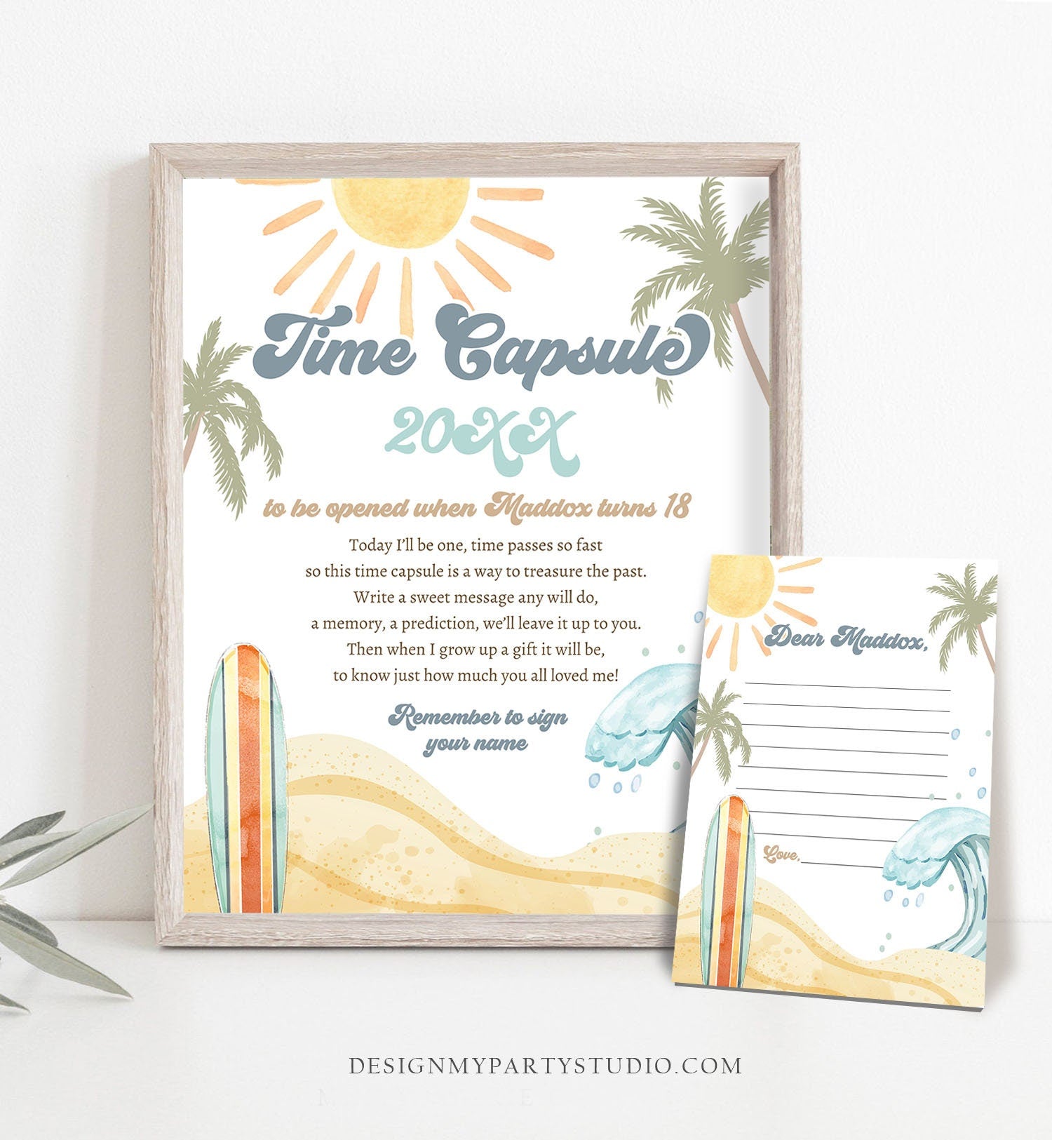 Editable Time Capsule Surf First Birthday Party Surfing Decorations The Big One Boy 1st Beach Wave Retro Template Printable Corjl 0433