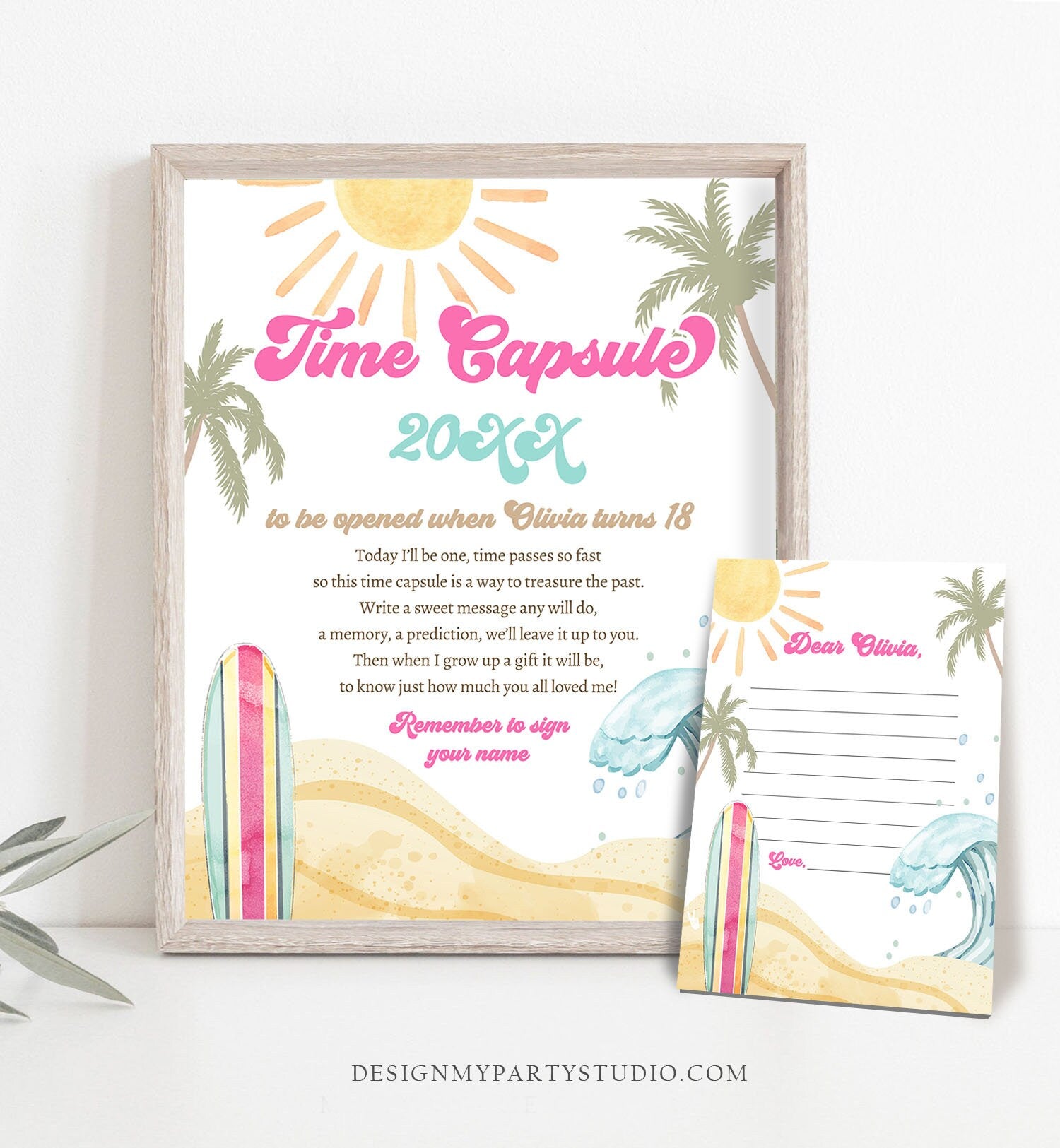 Editable Time Capsule Surf First Birthday Party Surfing Decorations The Big One Girl 1st Beach Wave Retro Template Printable Corjl 0433