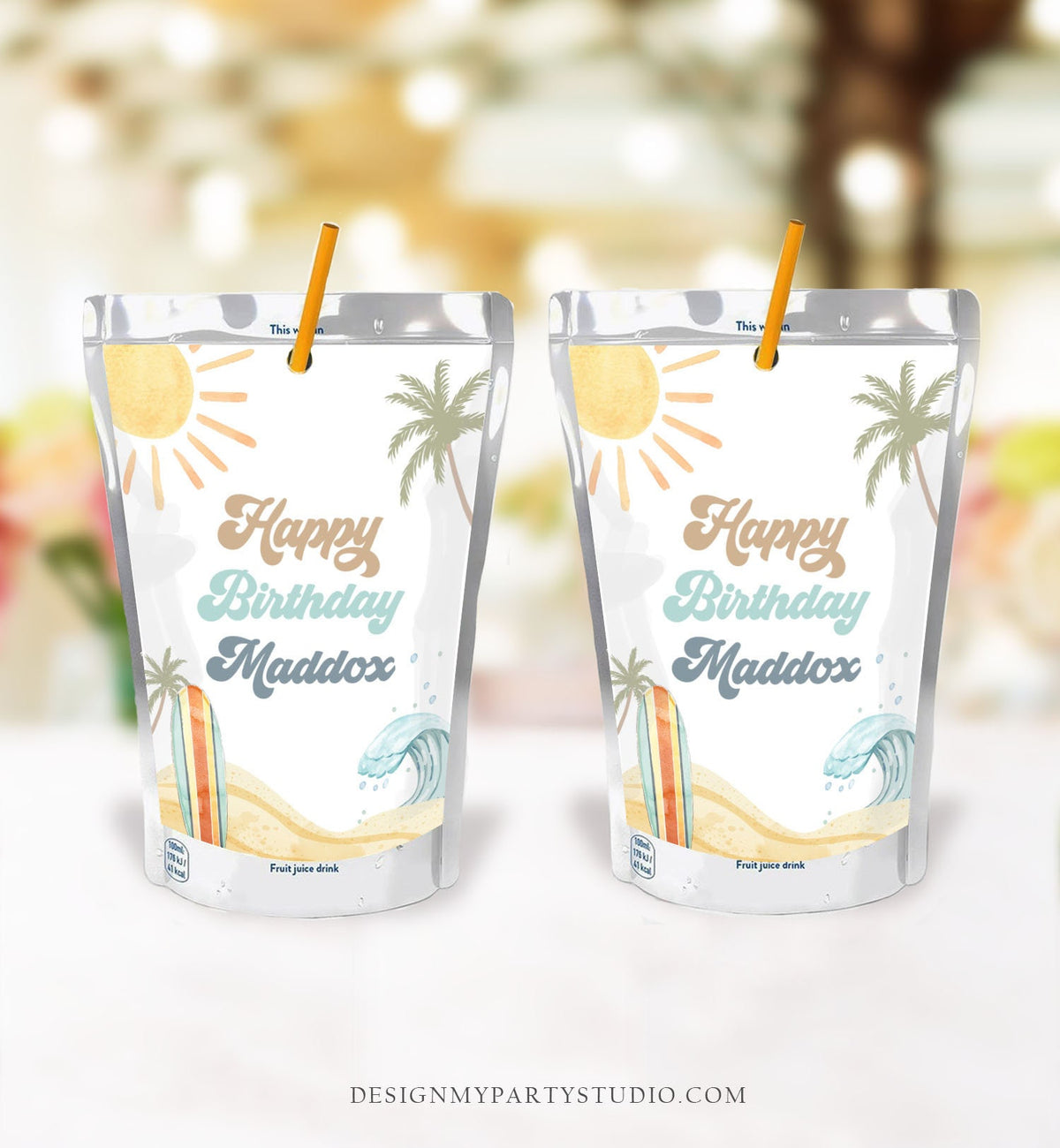 Editable Surf Party Juice Pouch Labels Surf Birthday The Big One Surfing Beach Party Boy Retro Digital Download Template Printable 0433