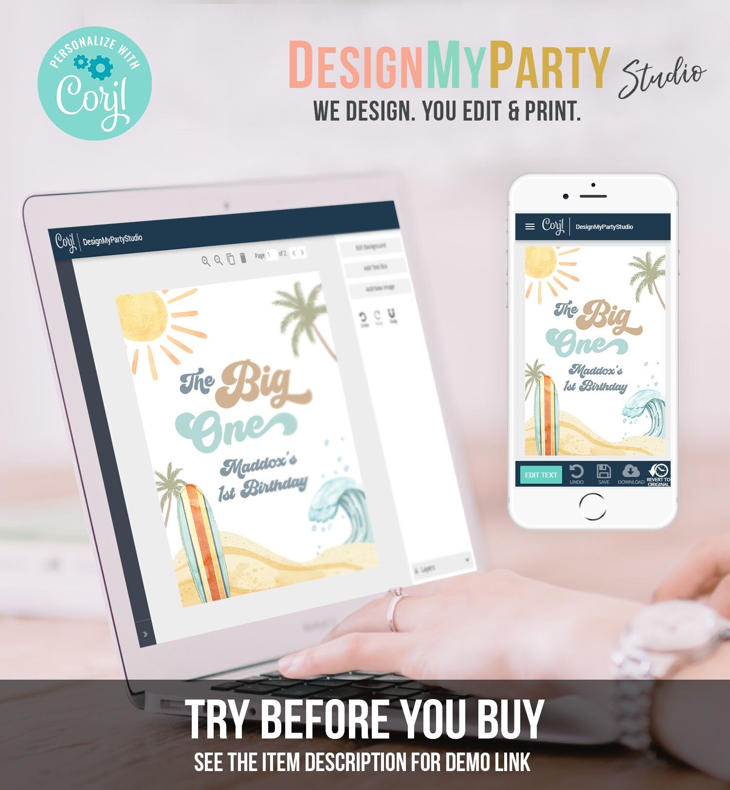 Editable Surf Party Juice Pouch Label Juice Favors The Big One Surfing Beach Party Boy Retro Digital Download Template Printable 0433