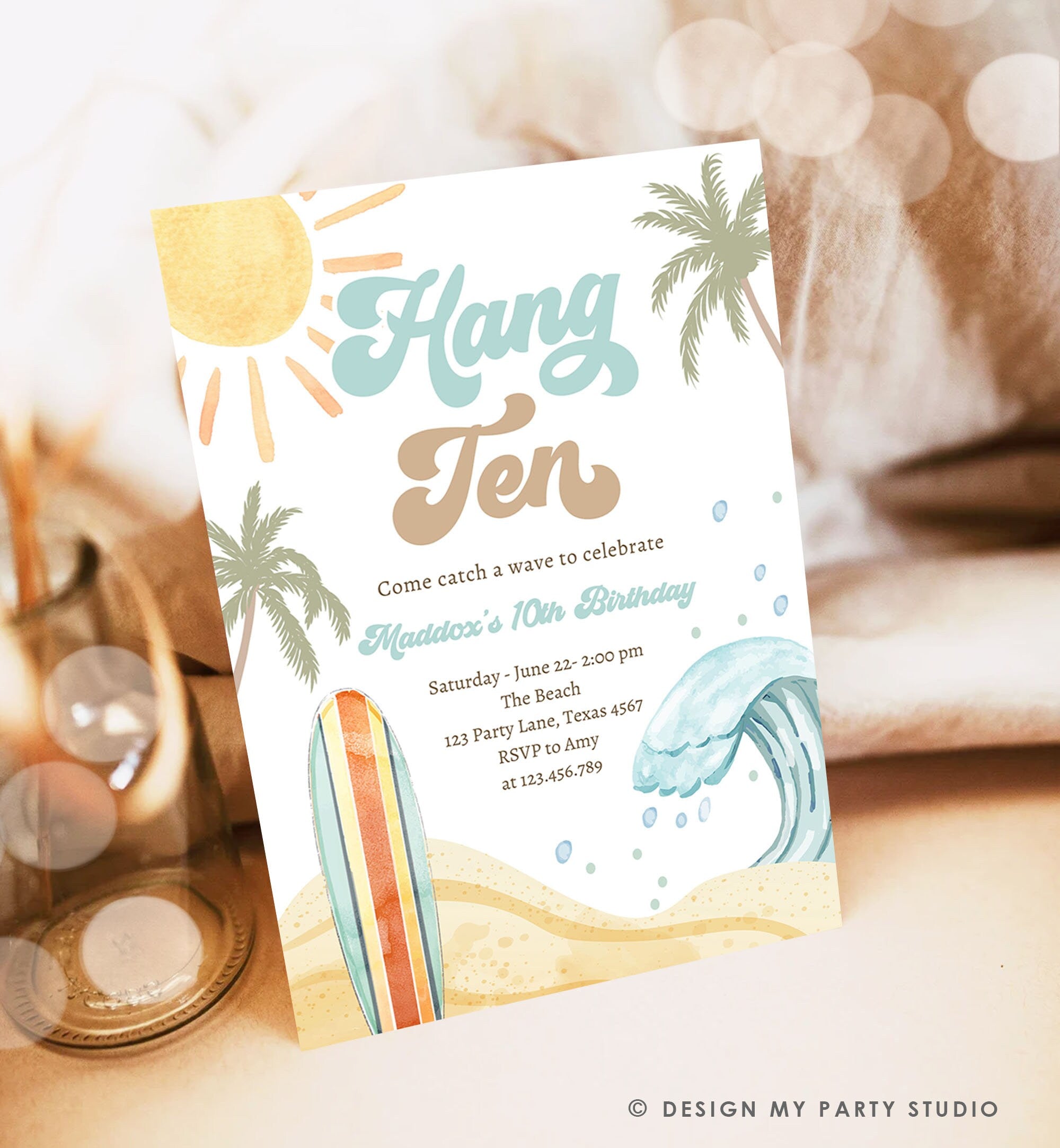 Editable Hang Ten Surf 10th Birthday Invitation Retro Surfboard Beach Party Wave Boy Dude Surfer Boho Download Template Corjl Digital 0433