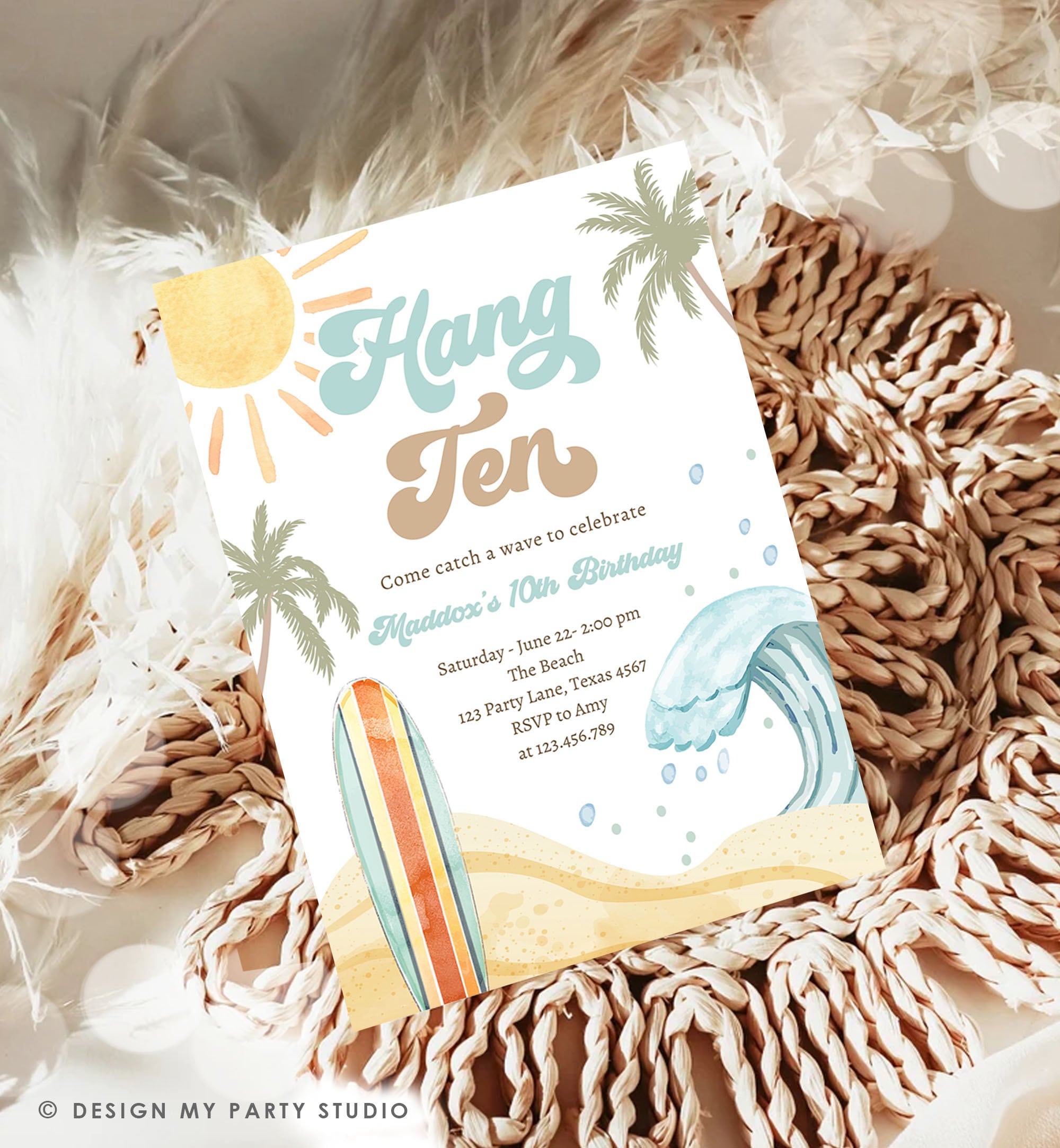 Editable Hang Ten Surf 10th Birthday Invitation Retro Surfboard Beach Party Wave Boy Dude Surfer Boho Download Template Corjl Digital 0433