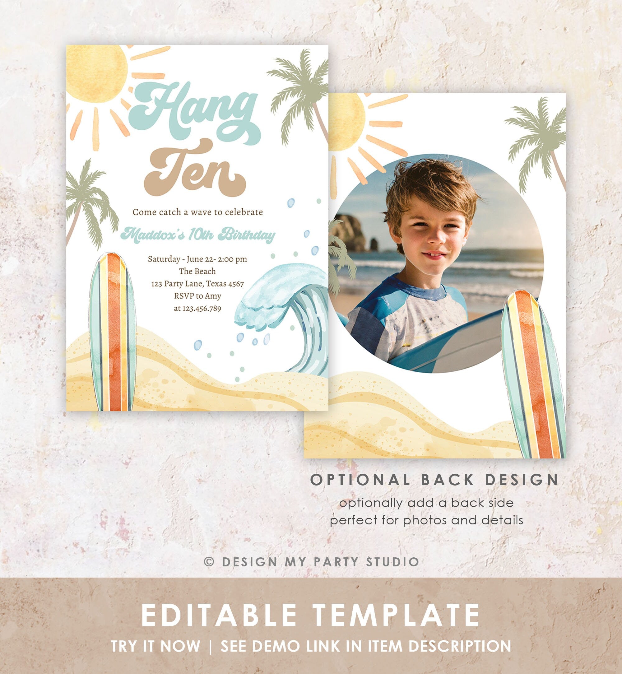 Editable Hang Ten Surf 10th Birthday Invitation Retro Surfboard Beach Party Wave Boy Dude Surfer Boho Download Template Corjl Digital 0433