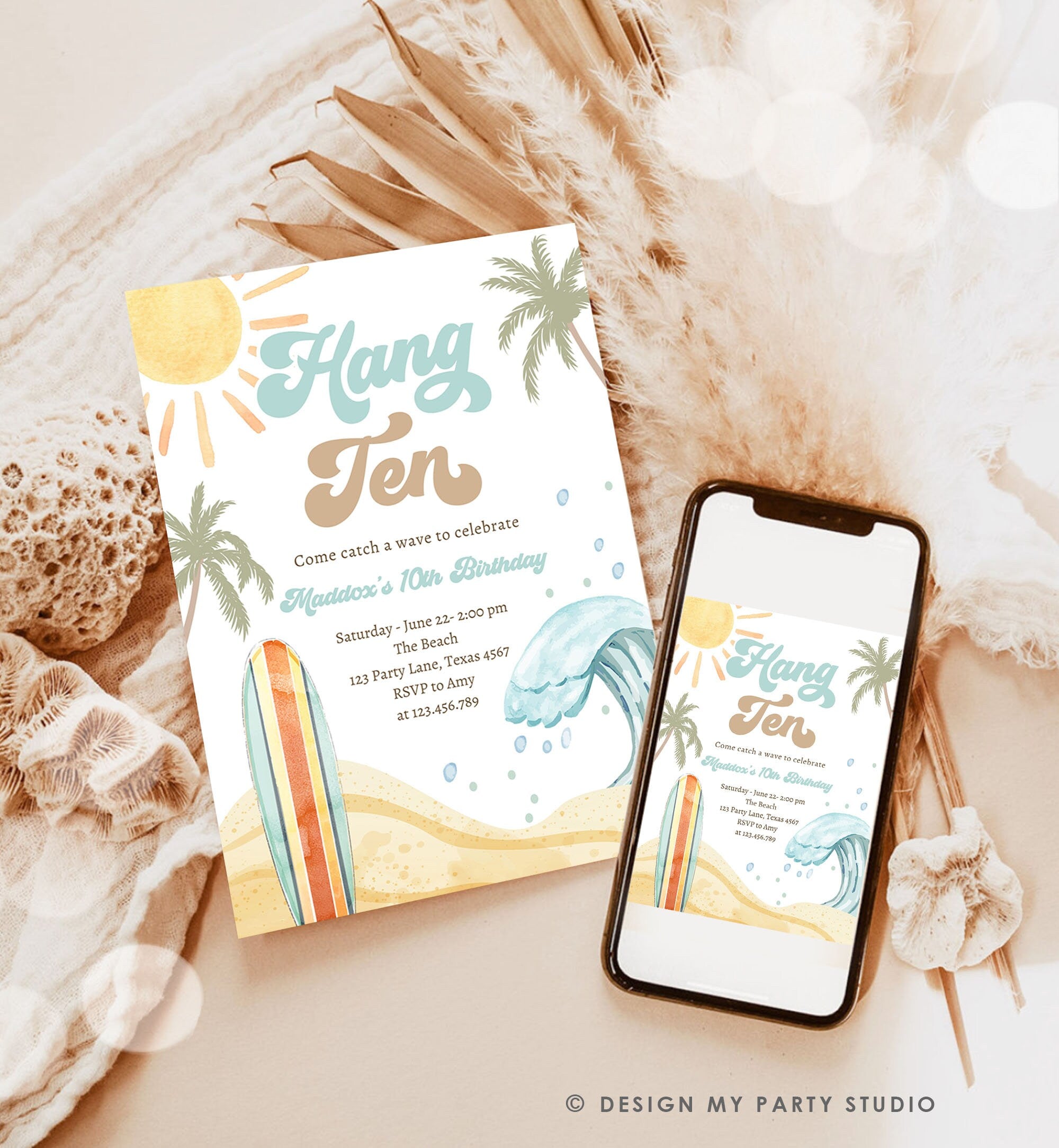 Editable Hang Ten Surf 10th Birthday Invitation Retro Surfboard Beach Party Wave Boy Dude Surfer Boho Download Template Corjl Digital 0433