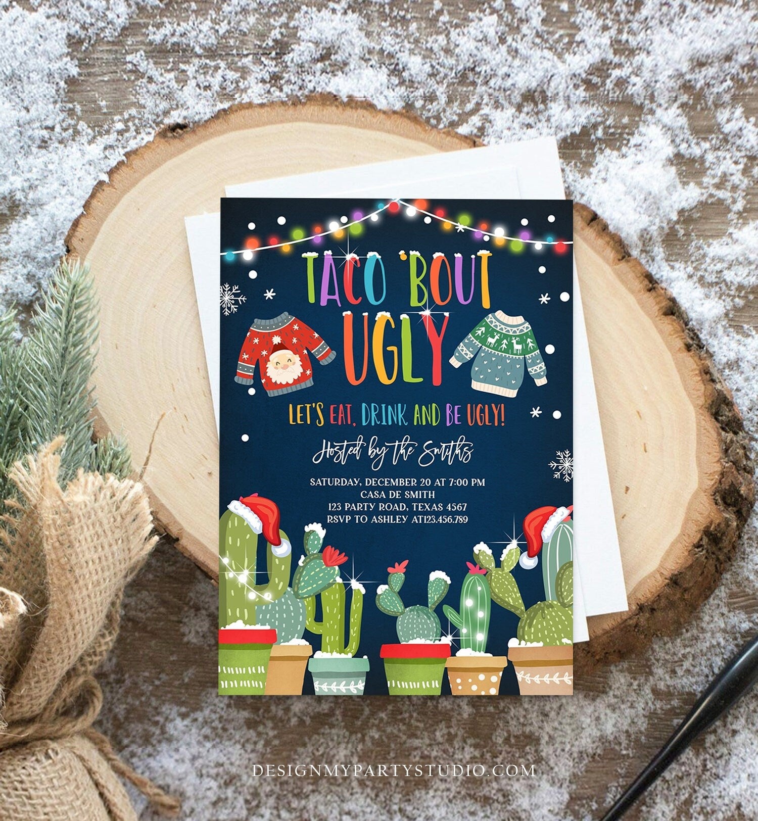 Editable Taco Bout Ugly Sweater Christmas Invitation Fiesta Cactus Mexican Holiday Feliz Navidad Digital Printable Corjl Template 0273