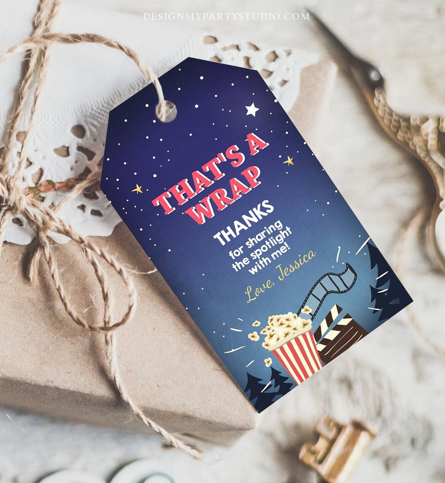 Editable Favor Tags Movie Night Thank you Gift Tags Cinema Movie Under The Stars Popcorn Backyard Movie Party Template PRINTABLE Corjl 0177