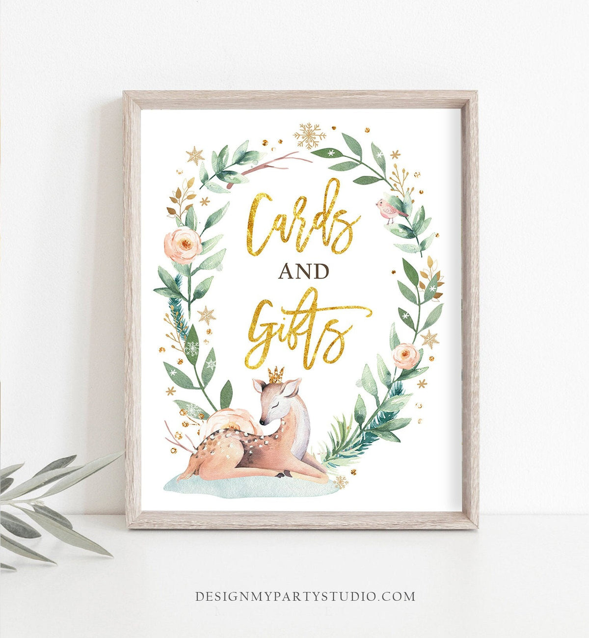 Cards and Gifts Sign Deer Winter Onederland First Birthday Party Wonderland Girl Pink Gold Table Sign Decor Instant Download Printable 0265